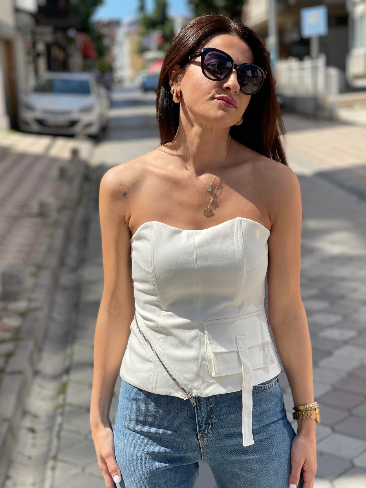 Beyaz Straplez Bluz - 1025