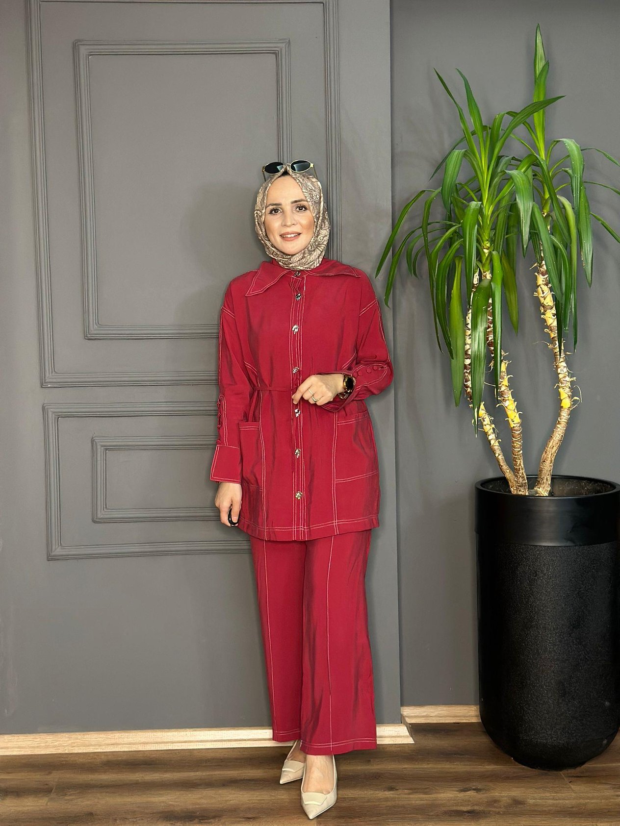 22731 ÇİZGİ DETAYLI TENSEL TAKIM BORDO 