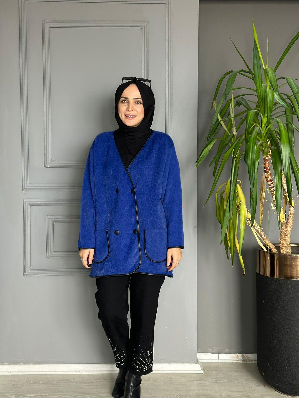 40840 DERİ DETAY ANGORA CEKET SAKS MAVİ