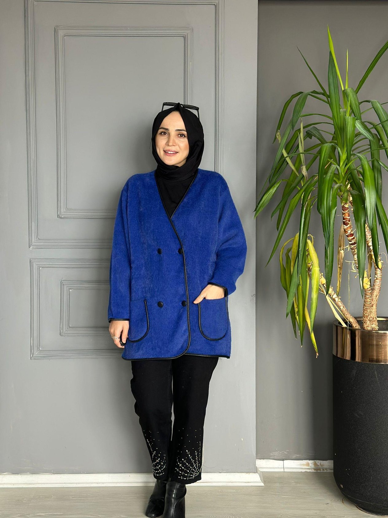 40840 DERİ DETAY ANGORA CEKET SAKS MAVİ