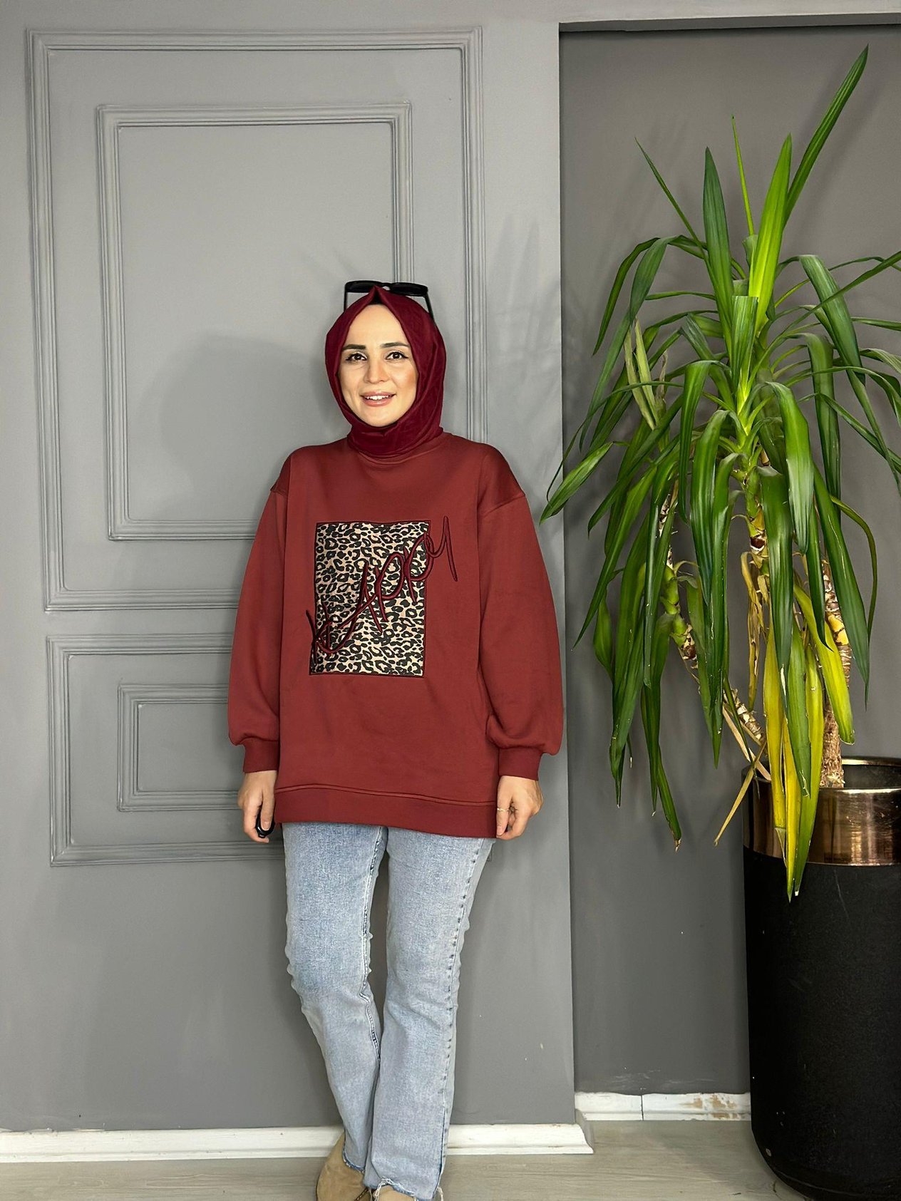 5417 LEOPAR BASKILI SWEAT BORDO 