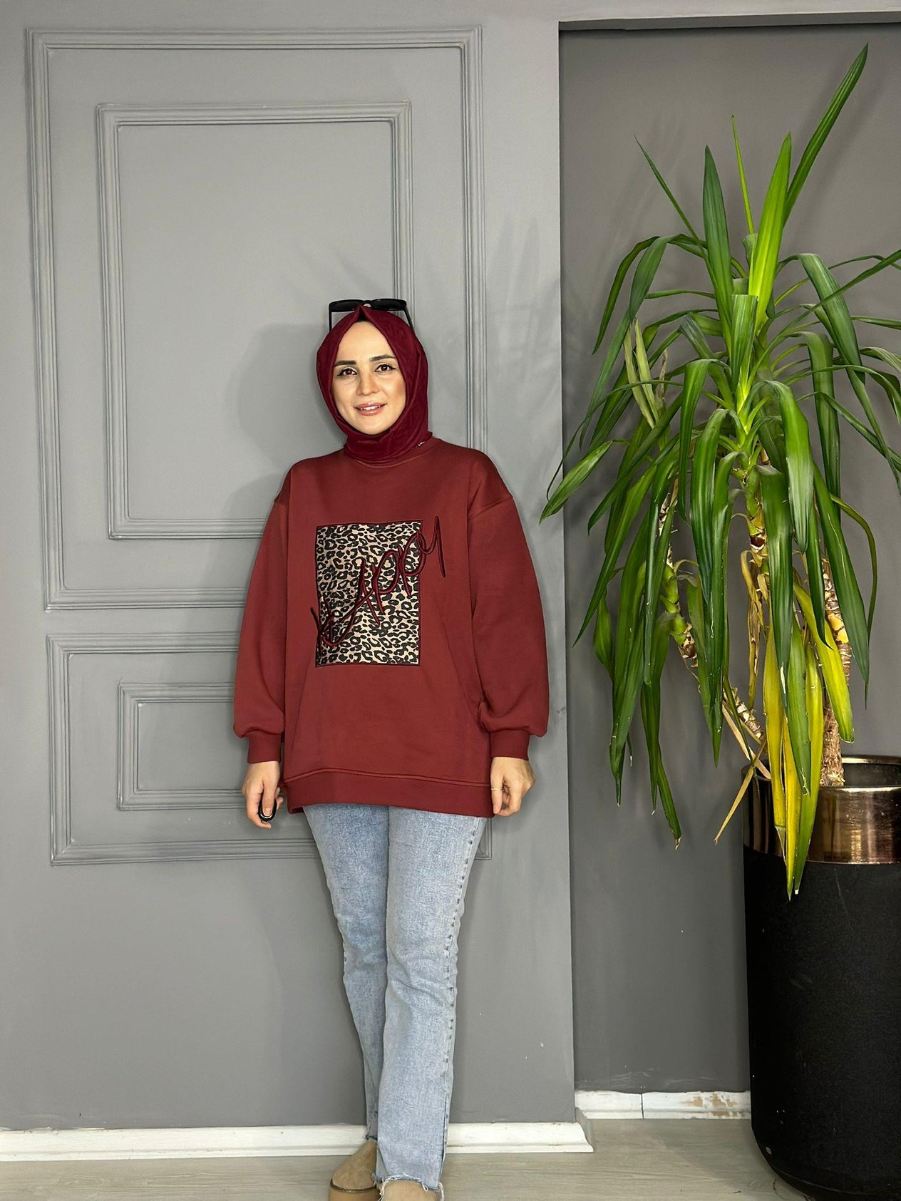 5417 LEOPAR BASKILI SWEAT BORDO 