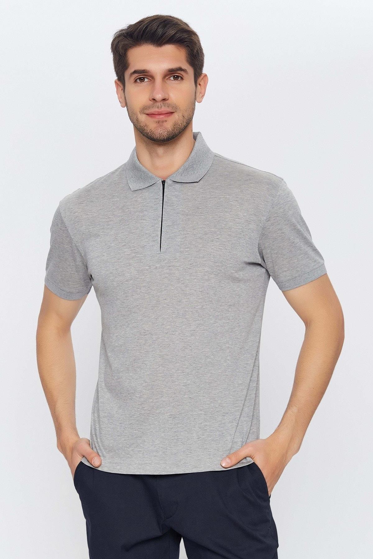 Açık Gri Polo Yaka 100%pamuk Mercerize Kısa Kol T-shirt