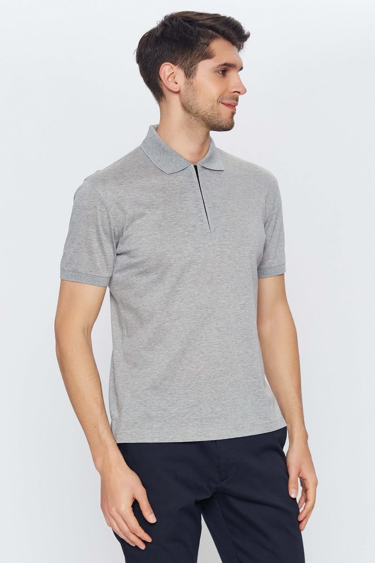 Açık Gri Polo Yaka 100%pamuk Mercerize Kısa Kol T-shirt