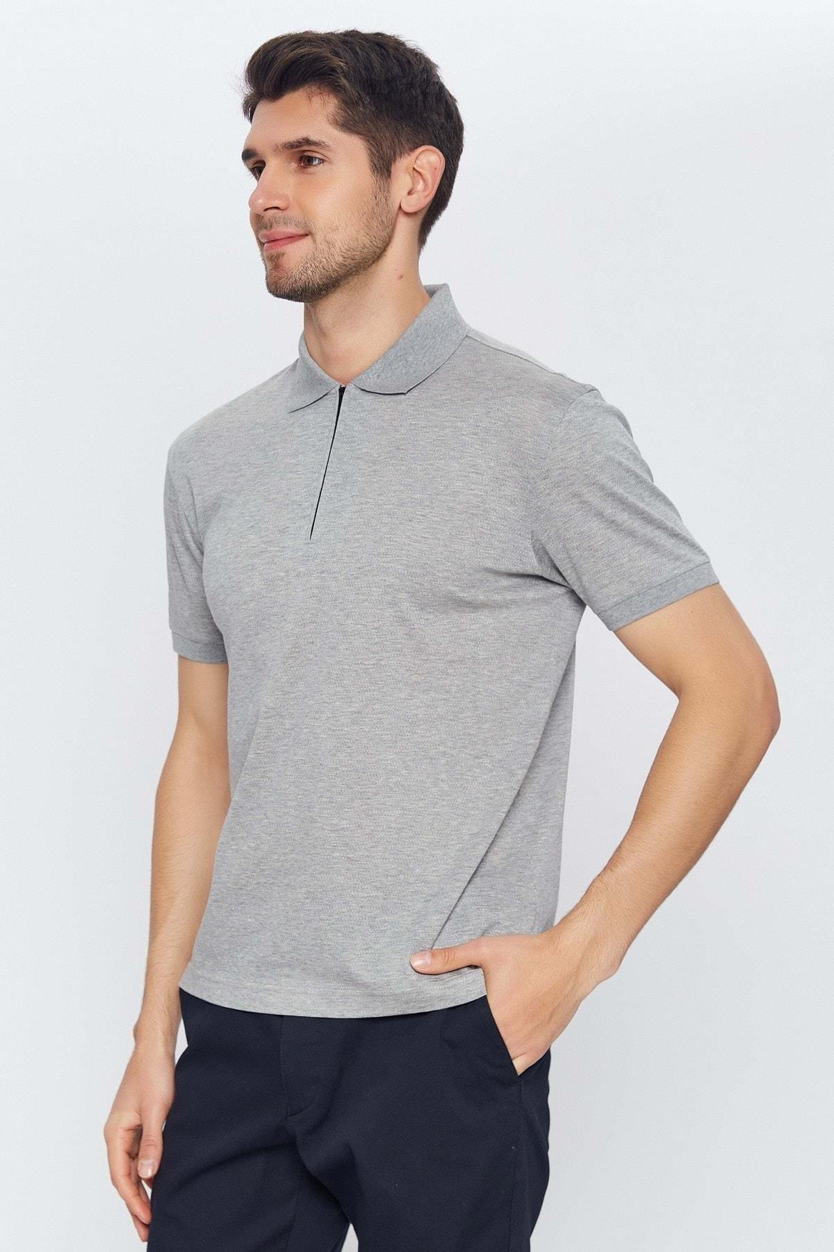 Açık Gri Polo Yaka 100%pamuk Mercerize Kısa Kol T-shirt