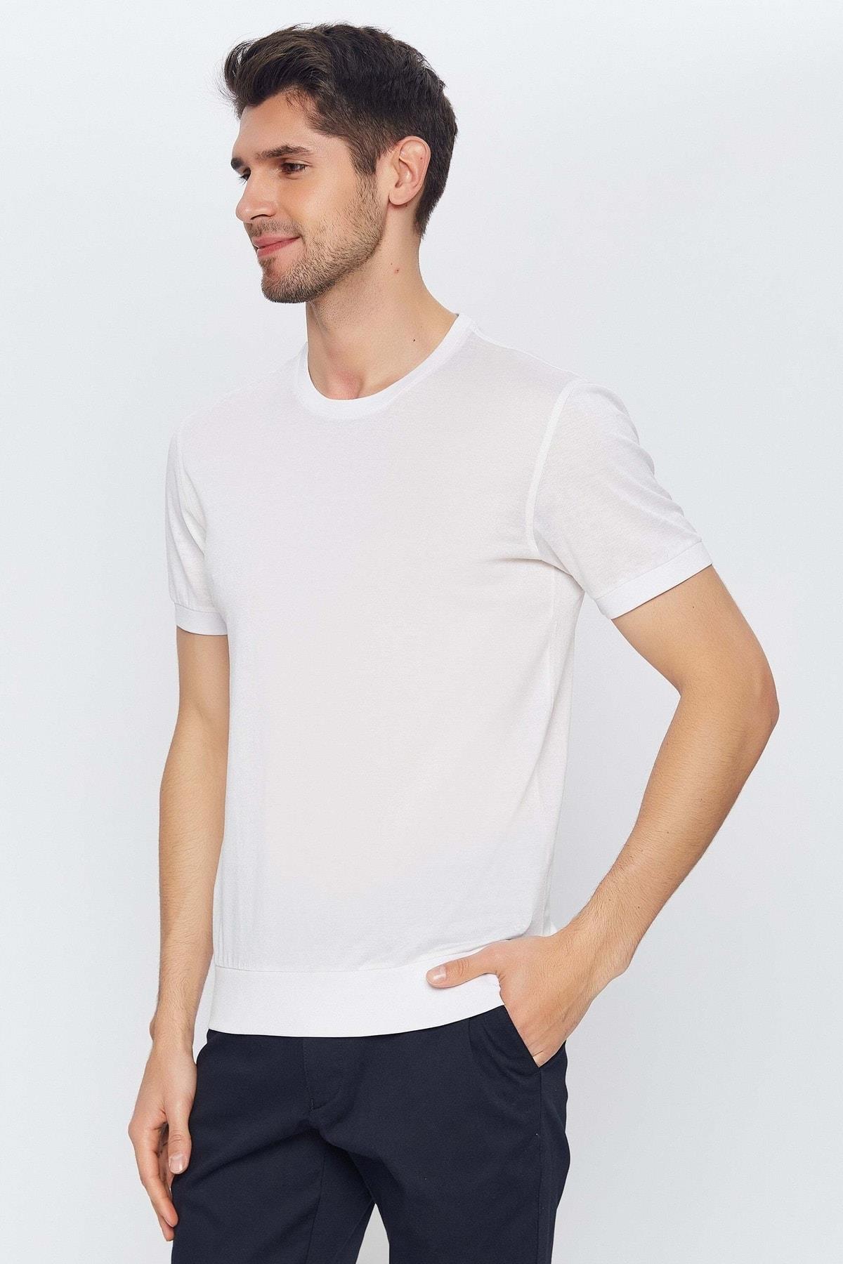 Erkek Beyaz Yuvarlak Yaka Kısa Kol Merserize Düz Basic T-shirt