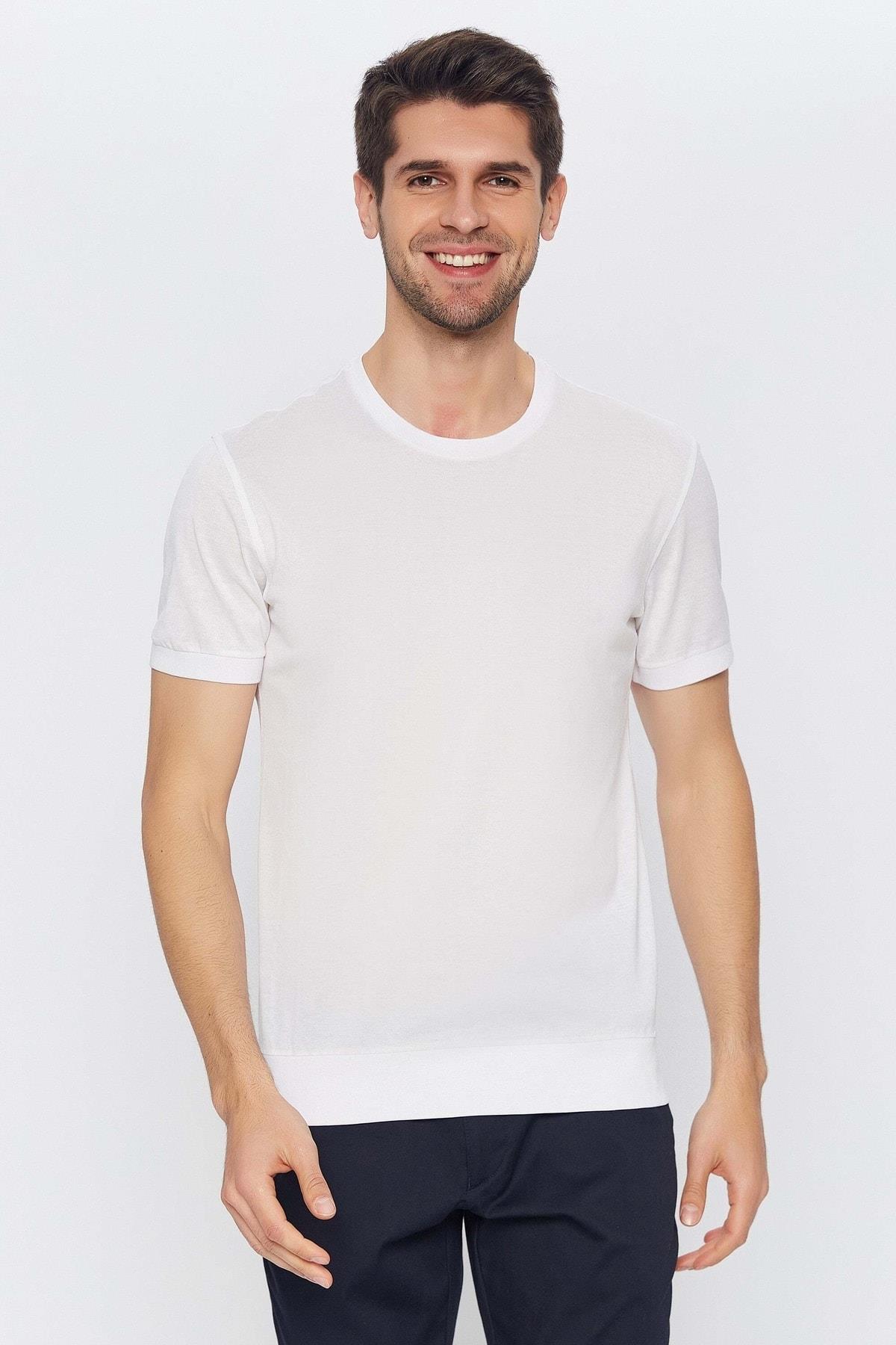 Erkek Beyaz Yuvarlak Yaka Kısa Kol Merserize Düz Basic T-shirt