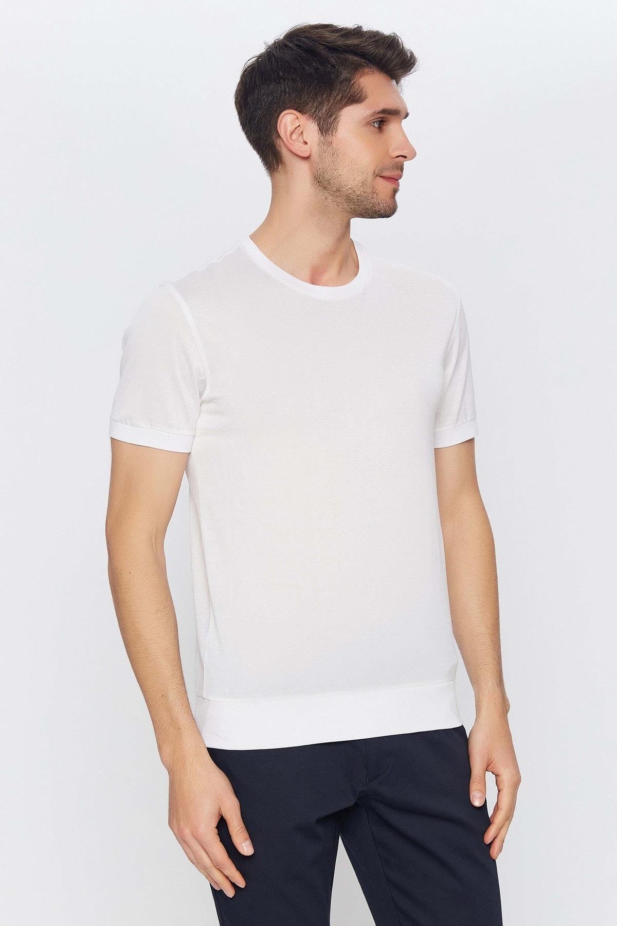Erkek Beyaz Yuvarlak Yaka Kısa Kol Merserize Düz Basic T-shirt