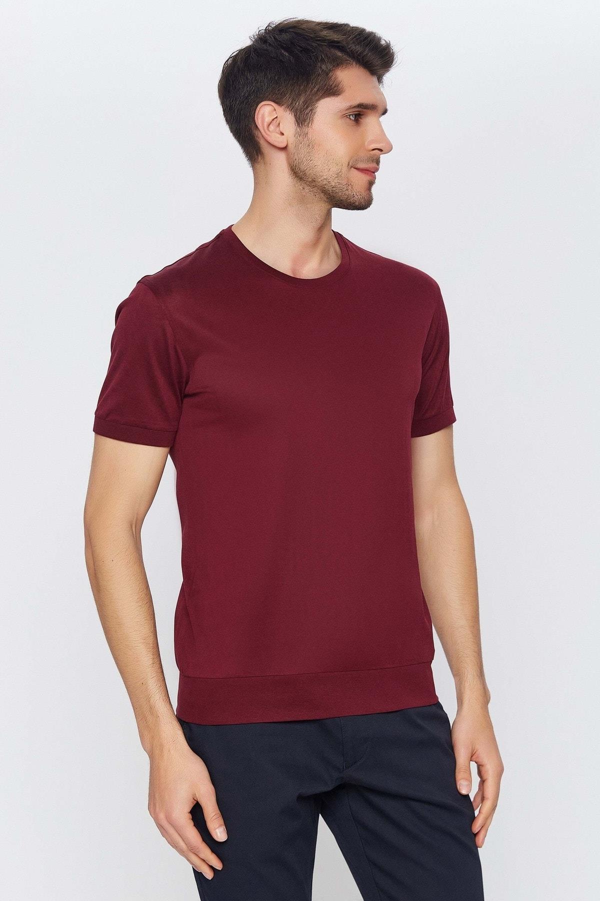 Erkek Bordo Yuvarlak Yaka Kısa Kol Merserize Düz Basic T-shirt