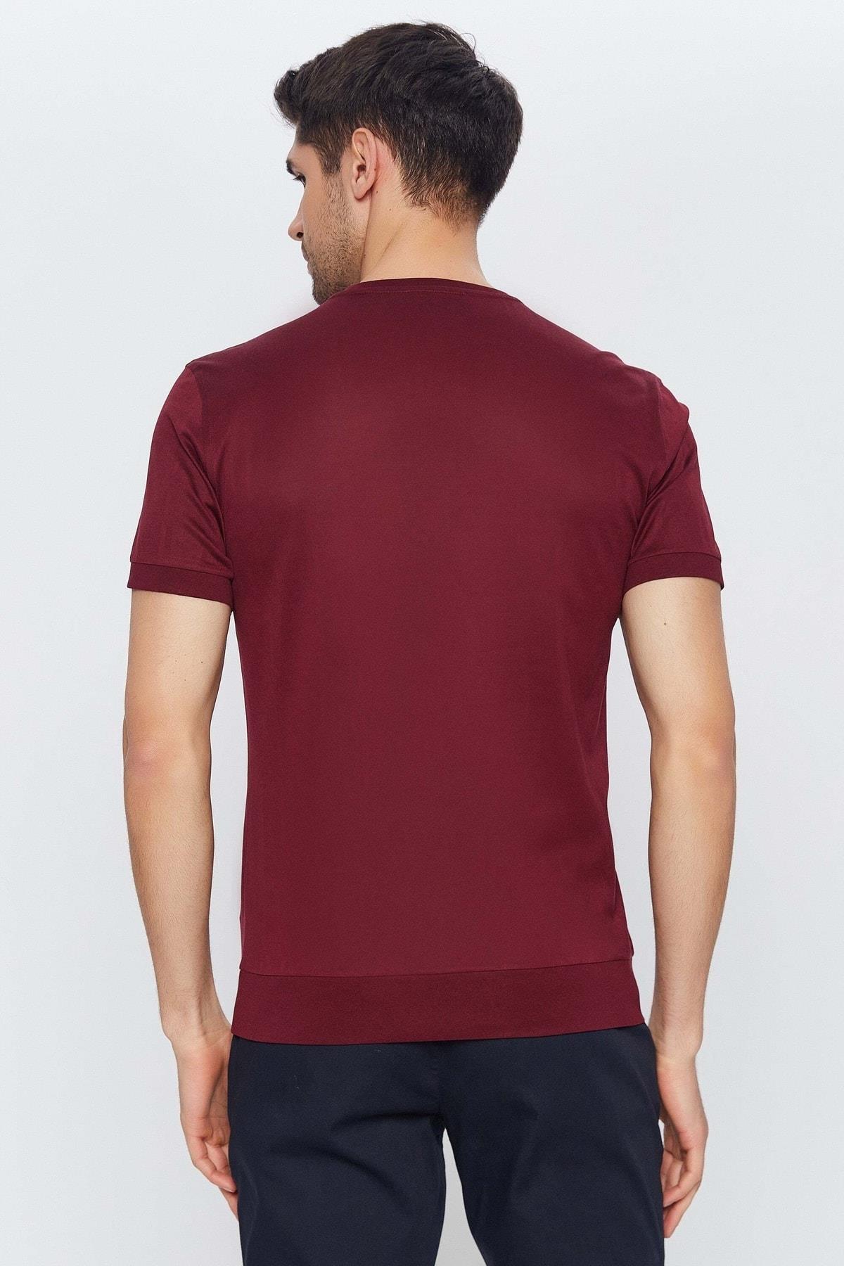 Erkek Bordo Yuvarlak Yaka Kısa Kol Merserize Düz Basic T-shirt
