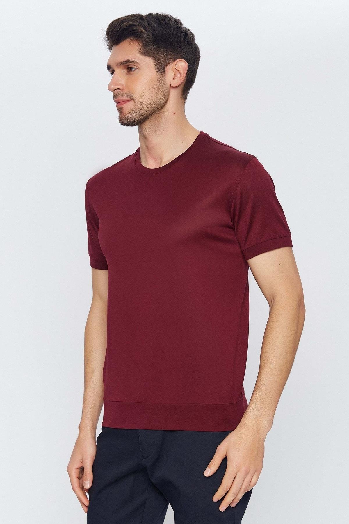 Erkek Bordo Yuvarlak Yaka Kısa Kol Merserize Düz Basic T-shirt