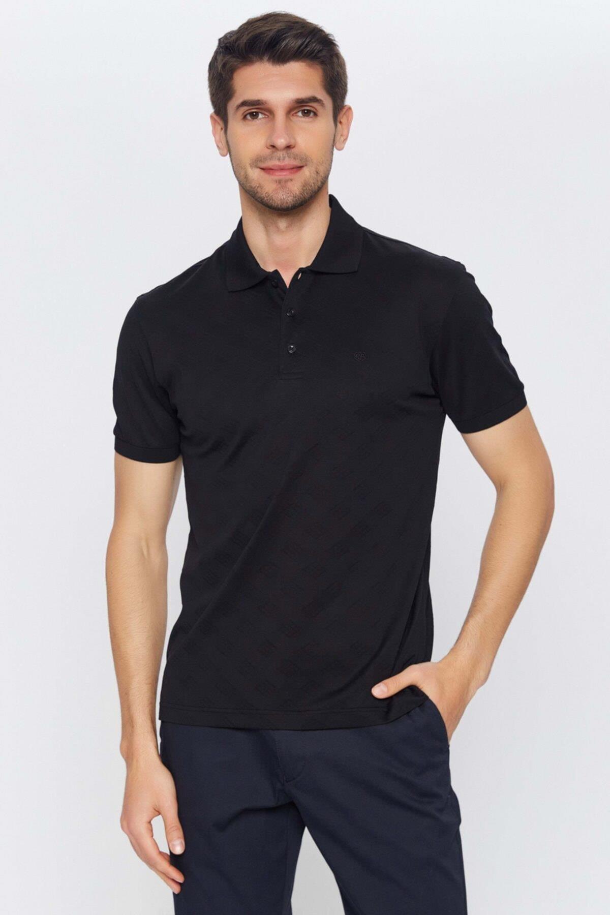 Erkek Siyah Polo Yaka Merserize T-shirt-rb1a0421y009