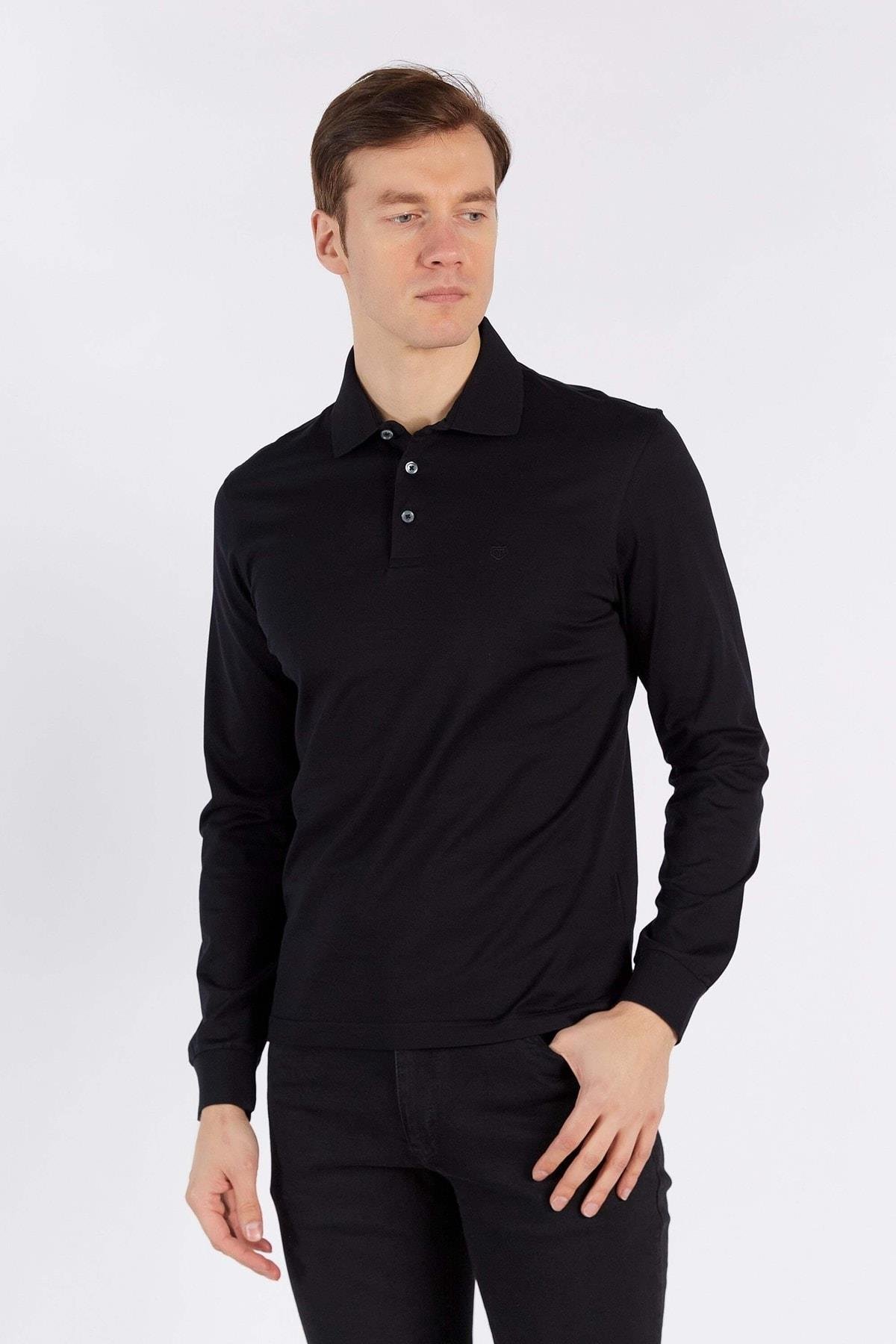 Erkek Siyah Uzun Kol Polo Yaka %100 Pamuk T-shirt