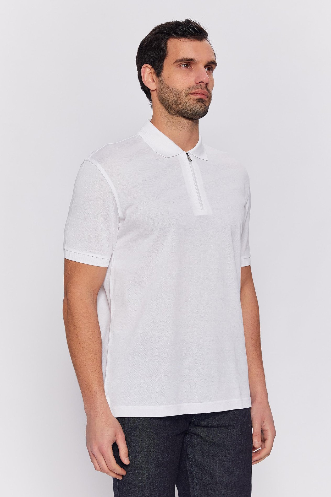 Romano Botta Beyaz Fermuarlı Polo Yaka 100% Merserize Pamuk  Kısa Kol T-shirt