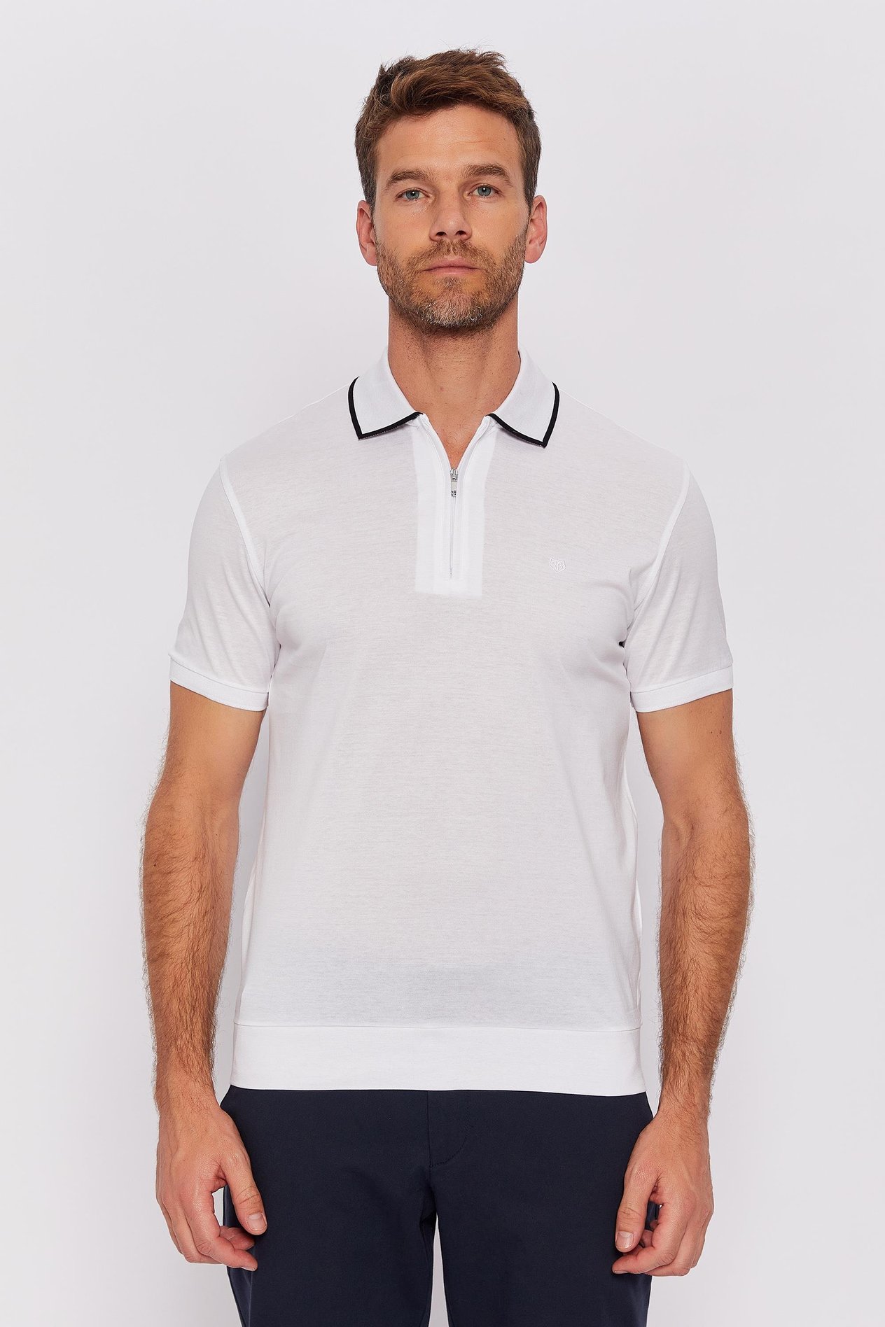 Romano Botta Beyaz Fermuarlı Polo Yaka Kısa Kol Düz T-shirt