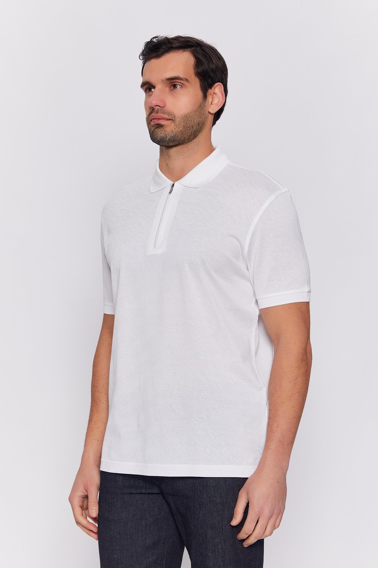Romano Botta Beyaz Fermuarlı Polo Yaka 100% Merserize Pamuk  Kısa Kol T-shirt