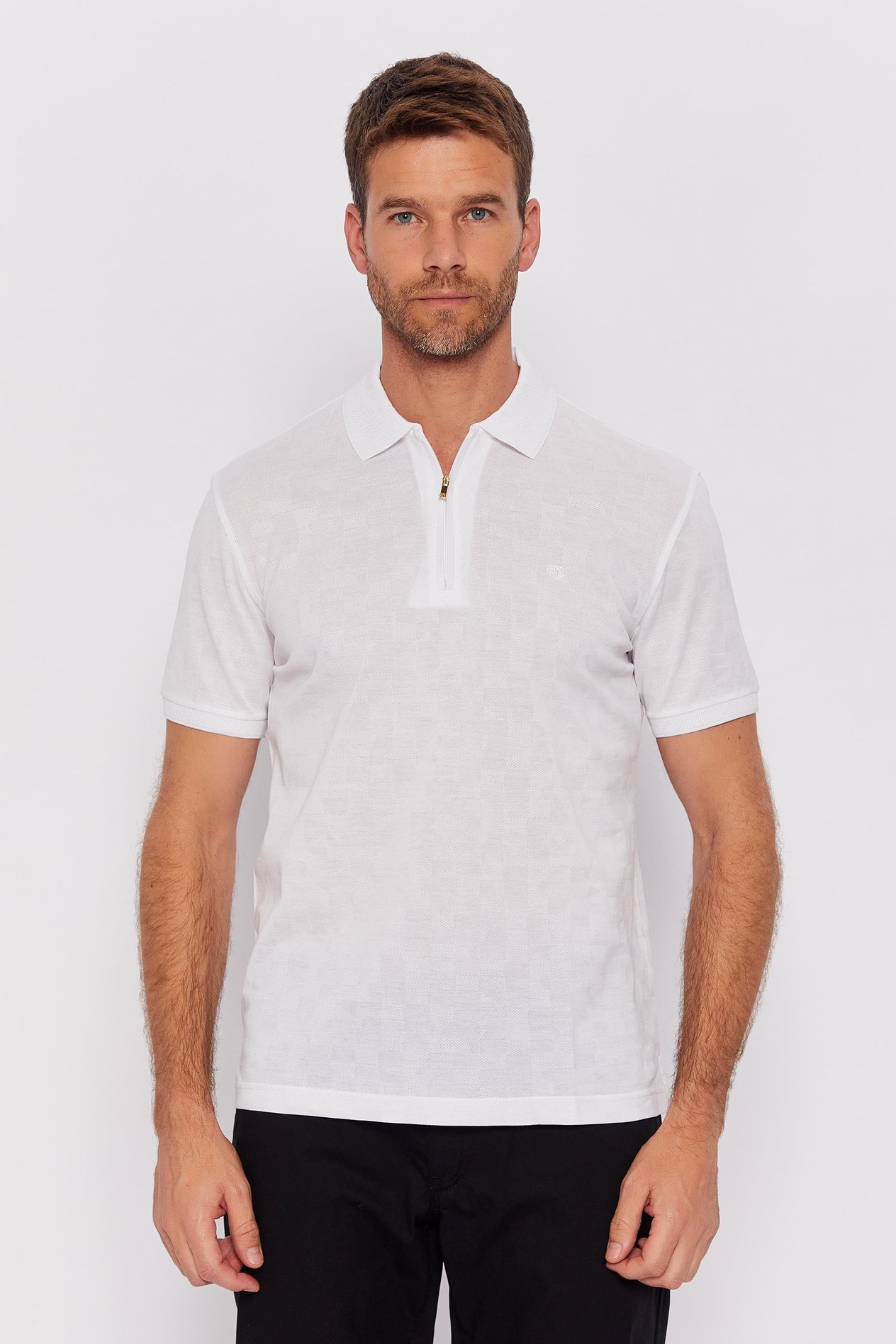 Romano Botta Beyaz Fermuarlı Polo Yaka Kısa Kol Düz T-shirt