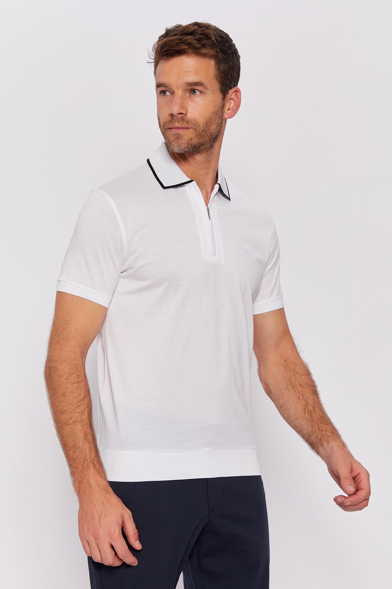Romano Botta Beyaz Fermuarlı Polo Yaka Kısa Kol Düz T-shirt
