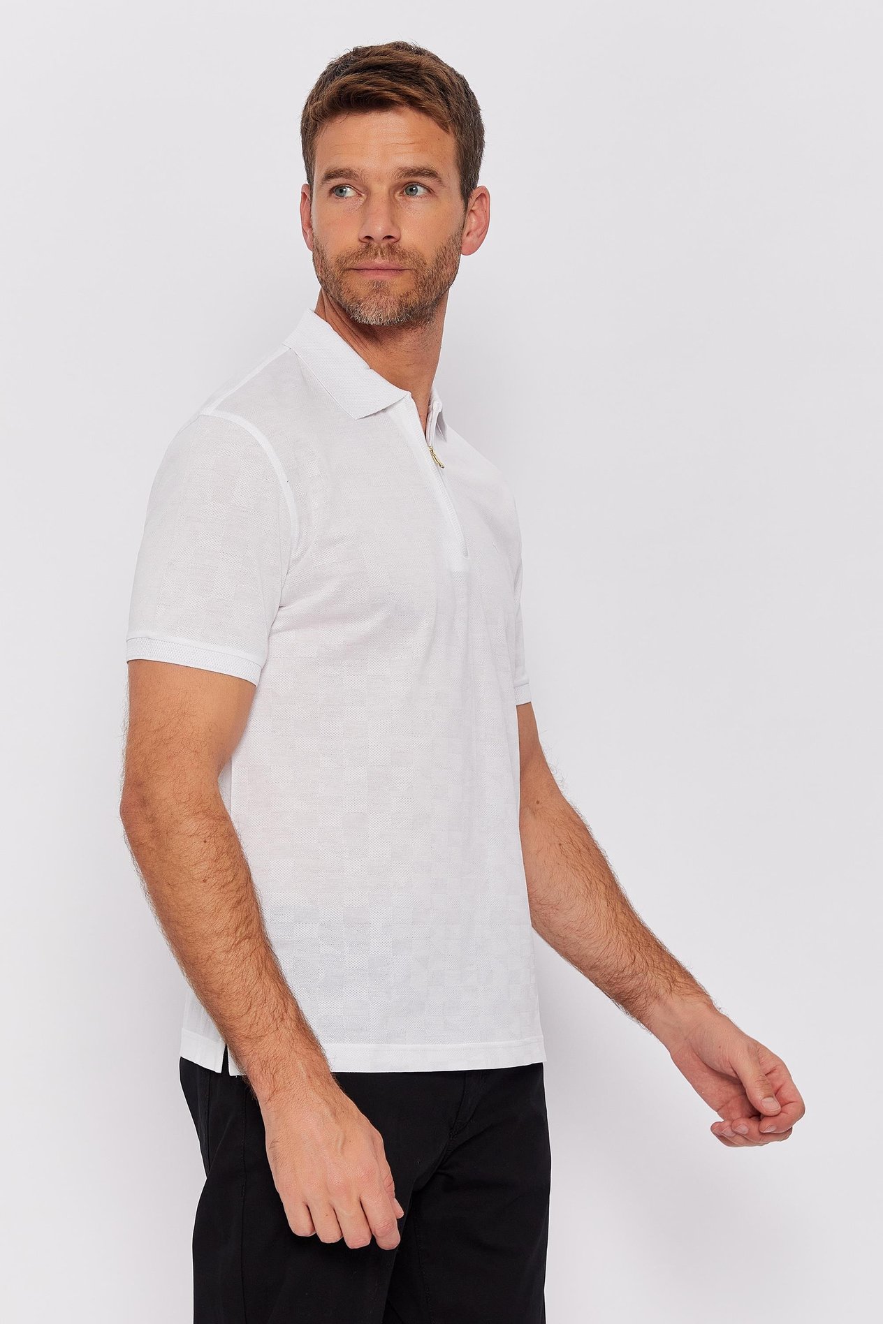Romano Botta Beyaz Fermuarlı Polo Yaka Kısa Kol Düz T-shirt