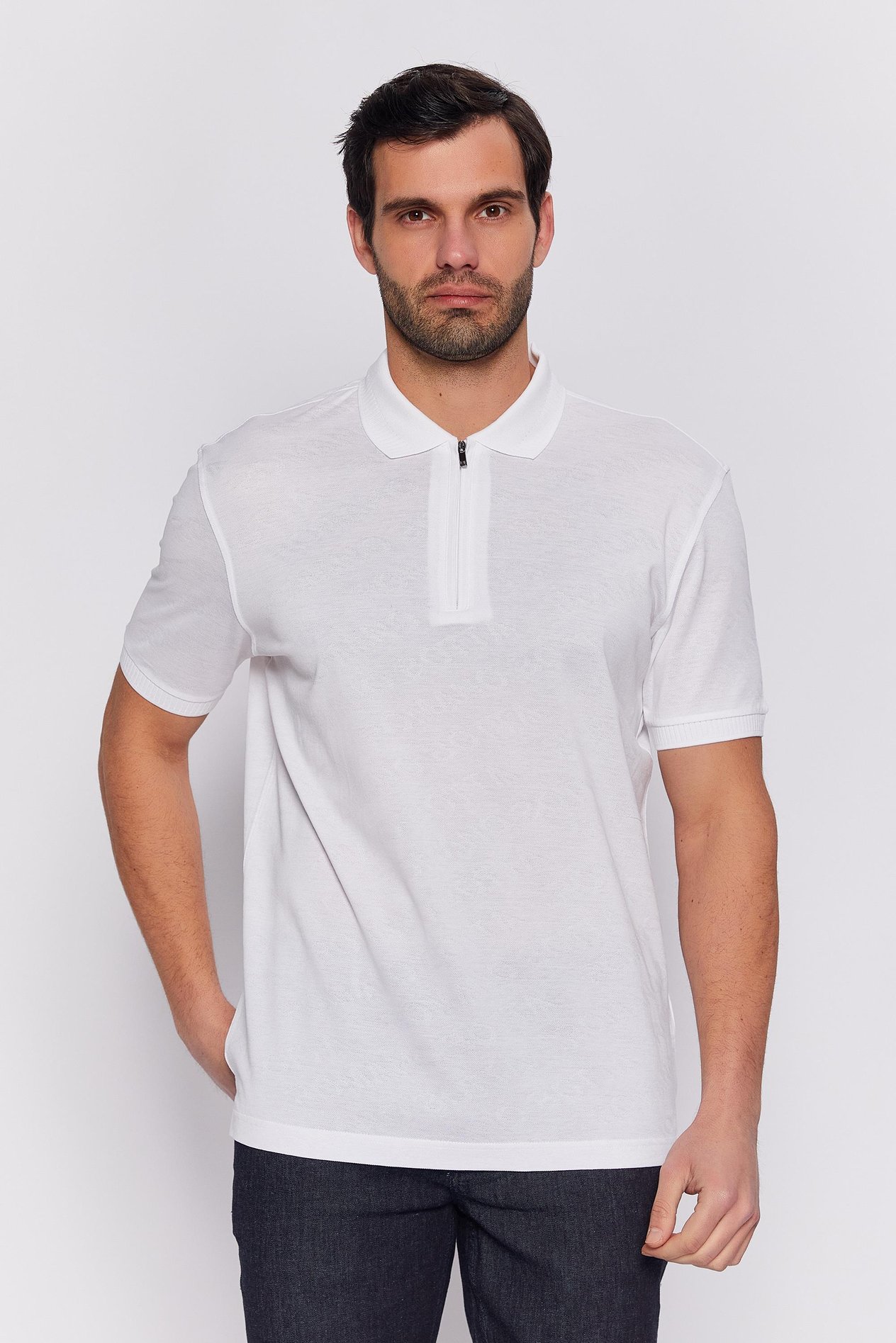 Romano Botta Beyaz Fermuarlı Polo Yaka 100% Merserize Pamuk  Kısa Kol T-shirt
