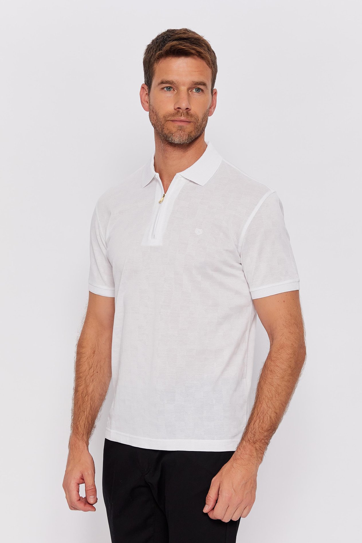 Romano Botta Beyaz Fermuarlı Polo Yaka Kısa Kol Düz T-shirt