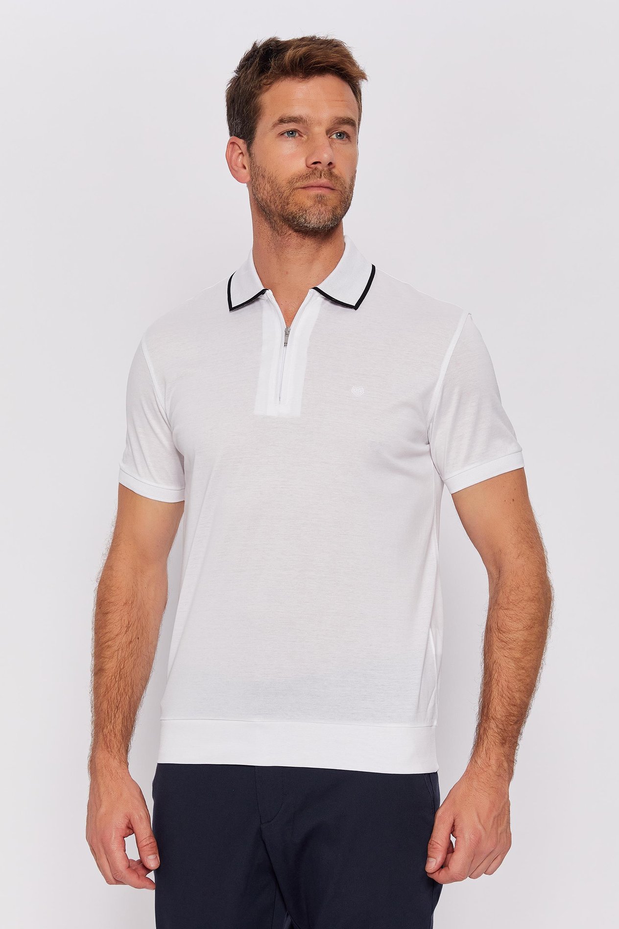 Romano Botta Beyaz Fermuarlı Polo Yaka Kısa Kol Düz T-shirt