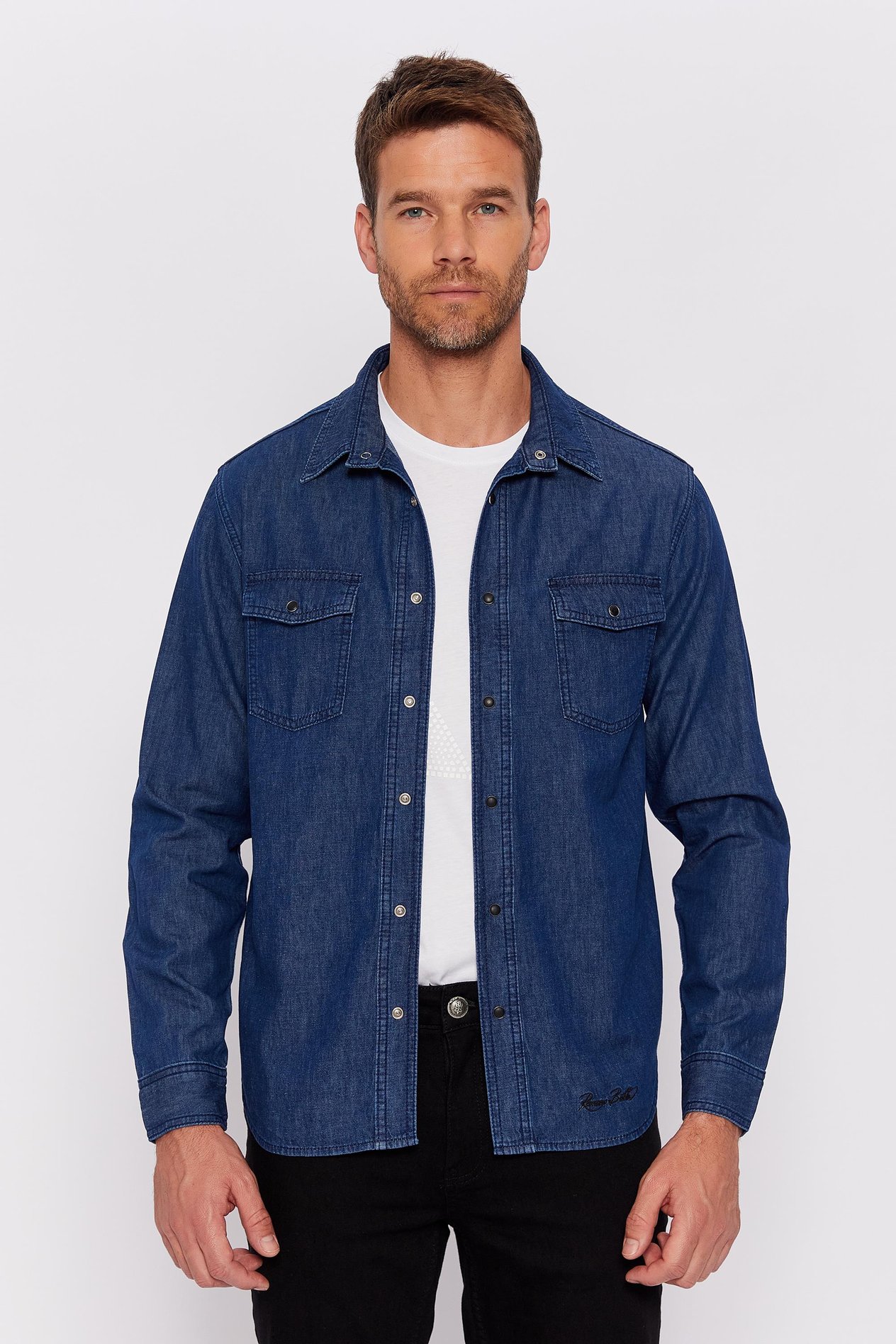 Romano Botta Koyu Mavi Düz Slim Fit Klasik %100 Pamuk Gömlek