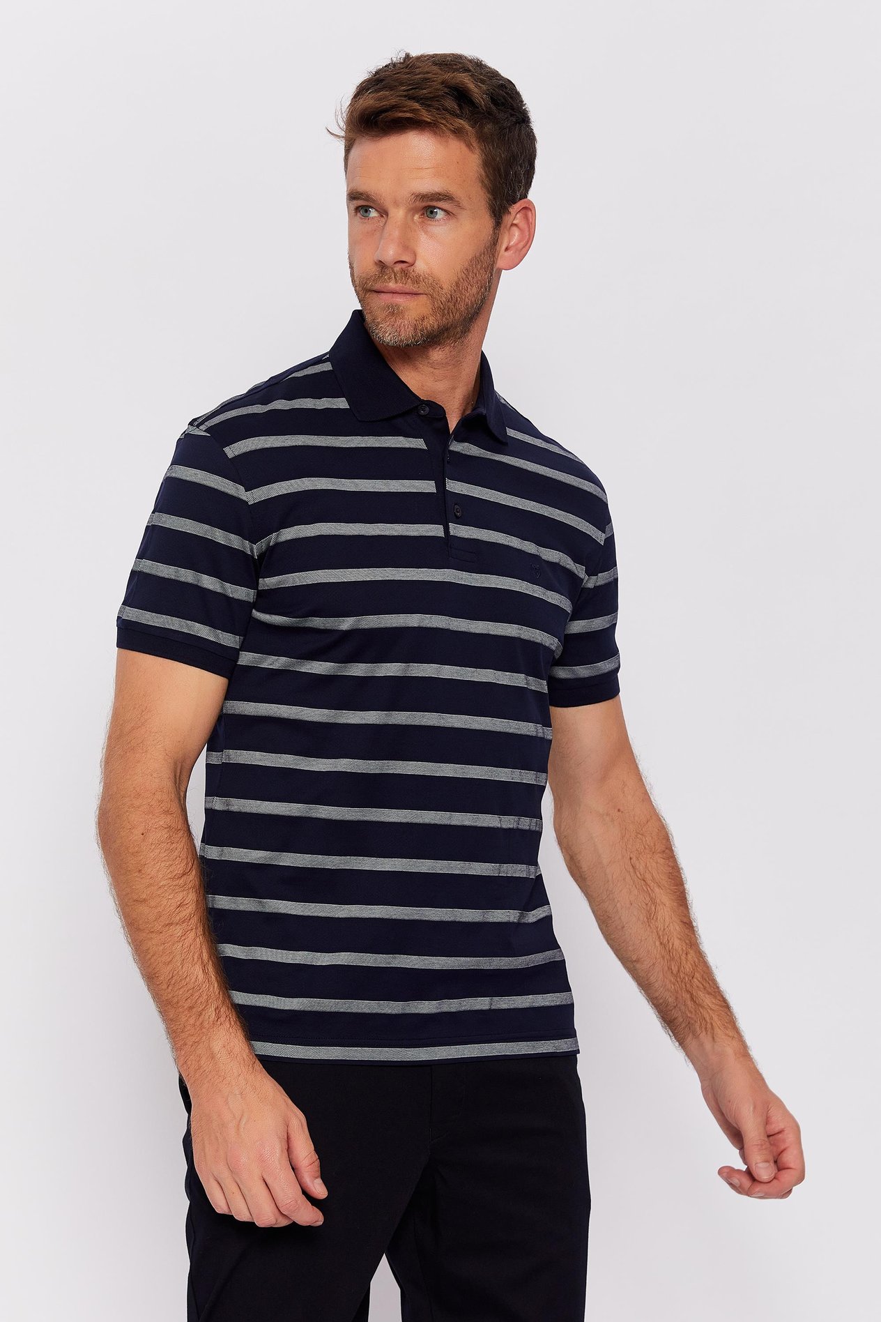 Romano Botta Lacivert-Beyaz Fermuarlı Polo Yaka Kısa Kol Çizgili T-shirt