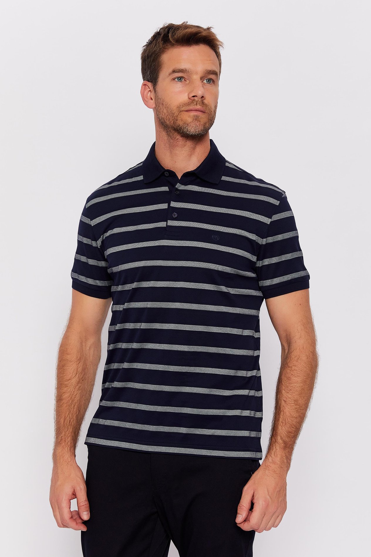 Romano Botta Lacivert-Beyaz Fermuarlı Polo Yaka Kısa Kol Çizgili T-shirt