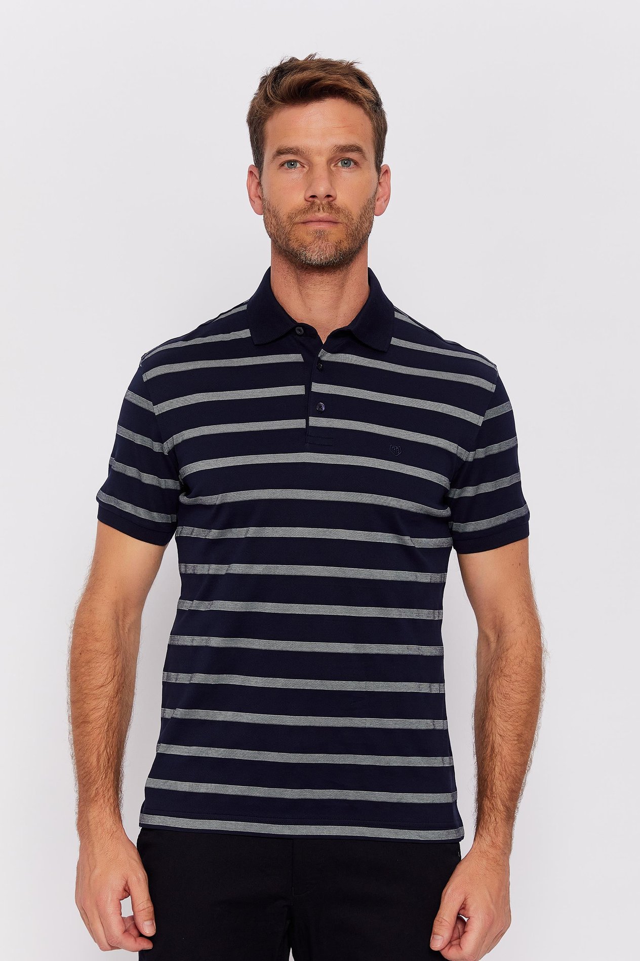 Romano Botta Lacivert-Beyaz Fermuarlı Polo Yaka Kısa Kol Çizgili T-shirt