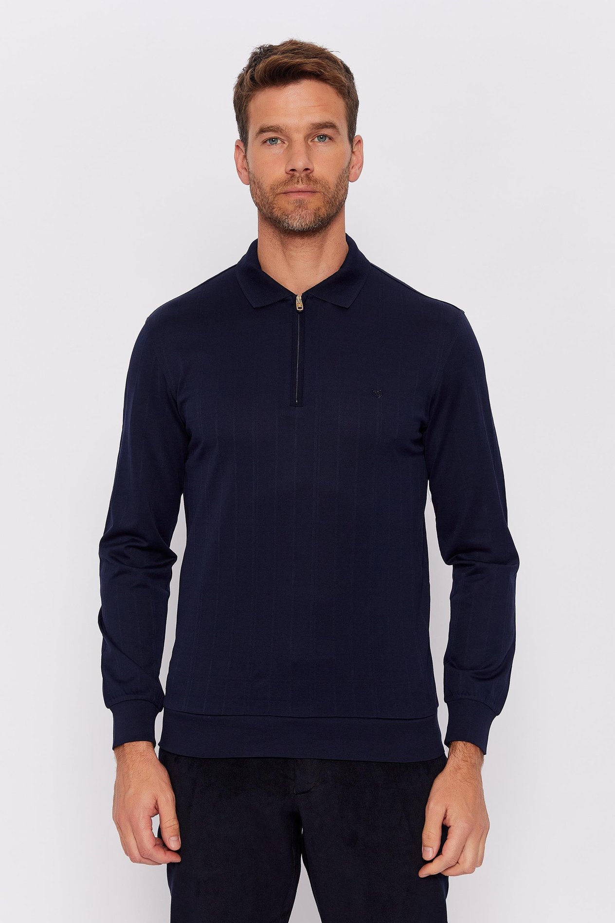 Romano Botta Lacivert Fermuarlı Polo Yaka Uzun Kol Desenli T-shirt