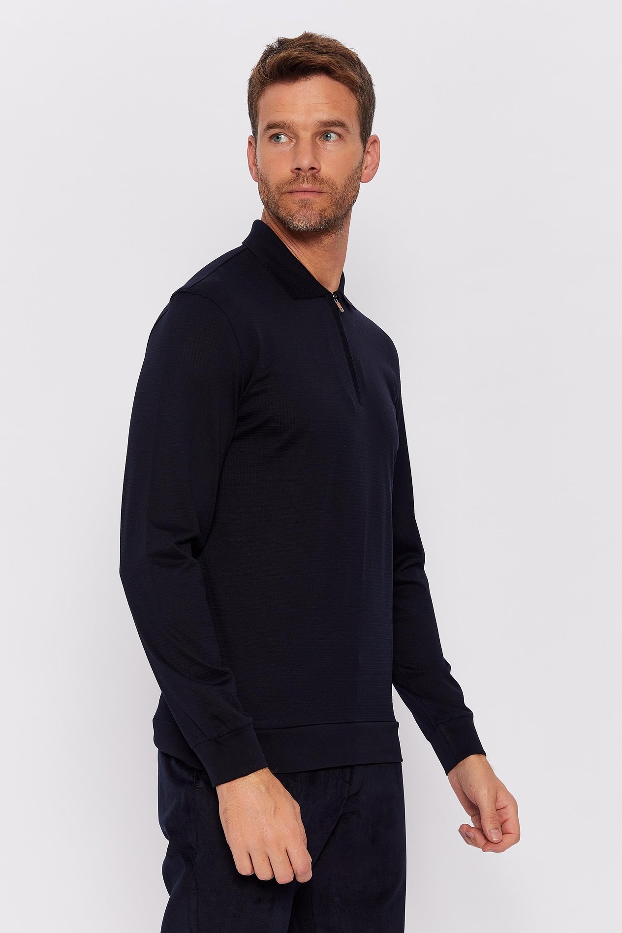 Romano Botta Lacivert Fermuarlı Polo Yaka Uzun Kol Desenli T-shirt