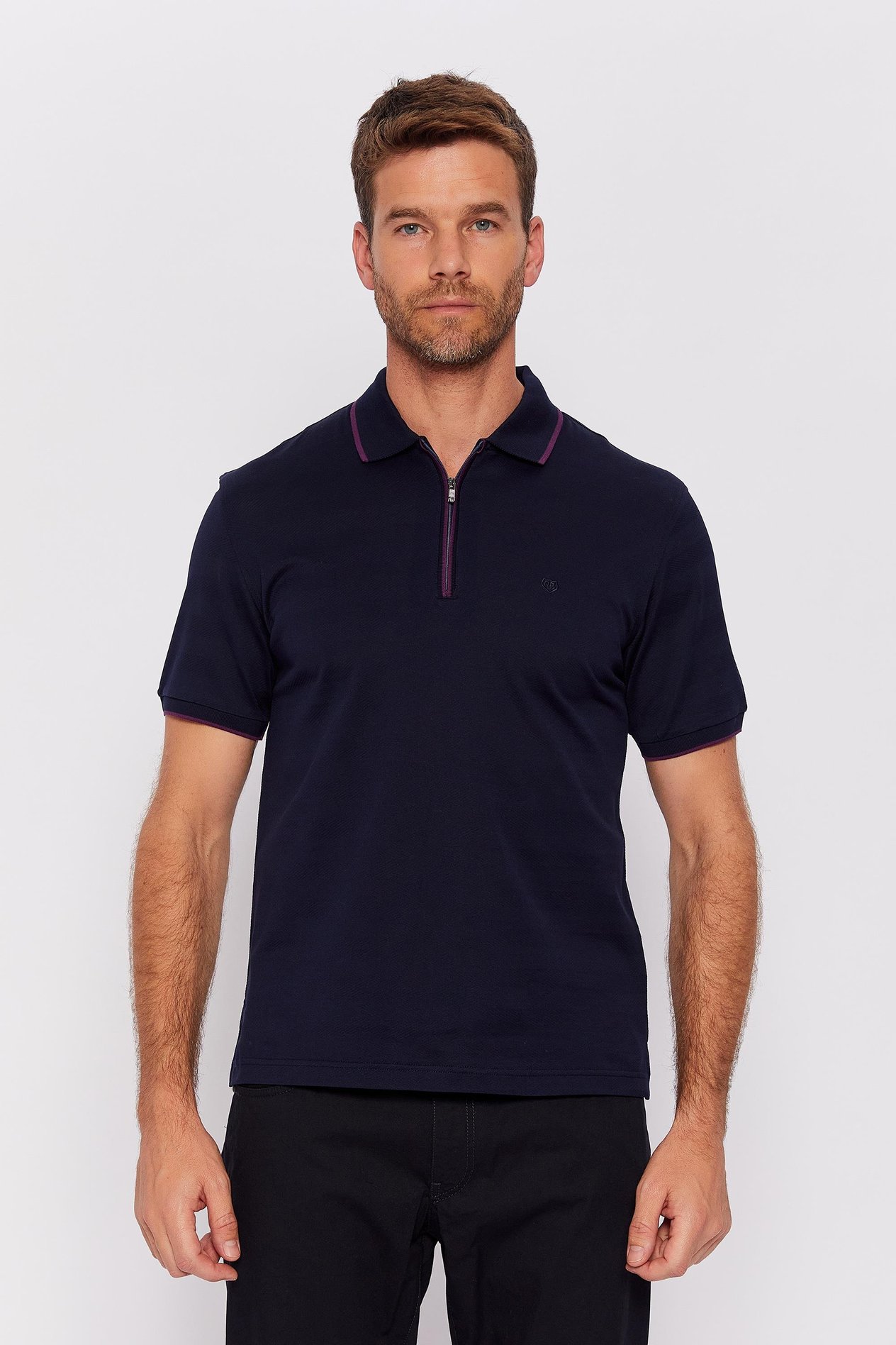 Romano Botta Lacivert Fermuarlı Polo Yaka Kısa Kol Desenli T-shirt