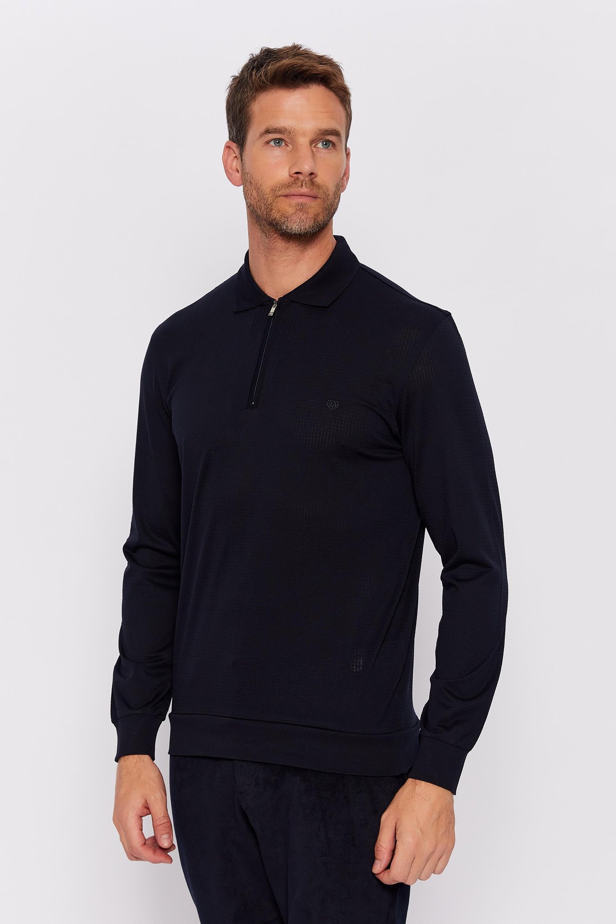 Romano Botta Lacivert Fermuarlı Polo Yaka Uzun Kol Desenli T-shirt
