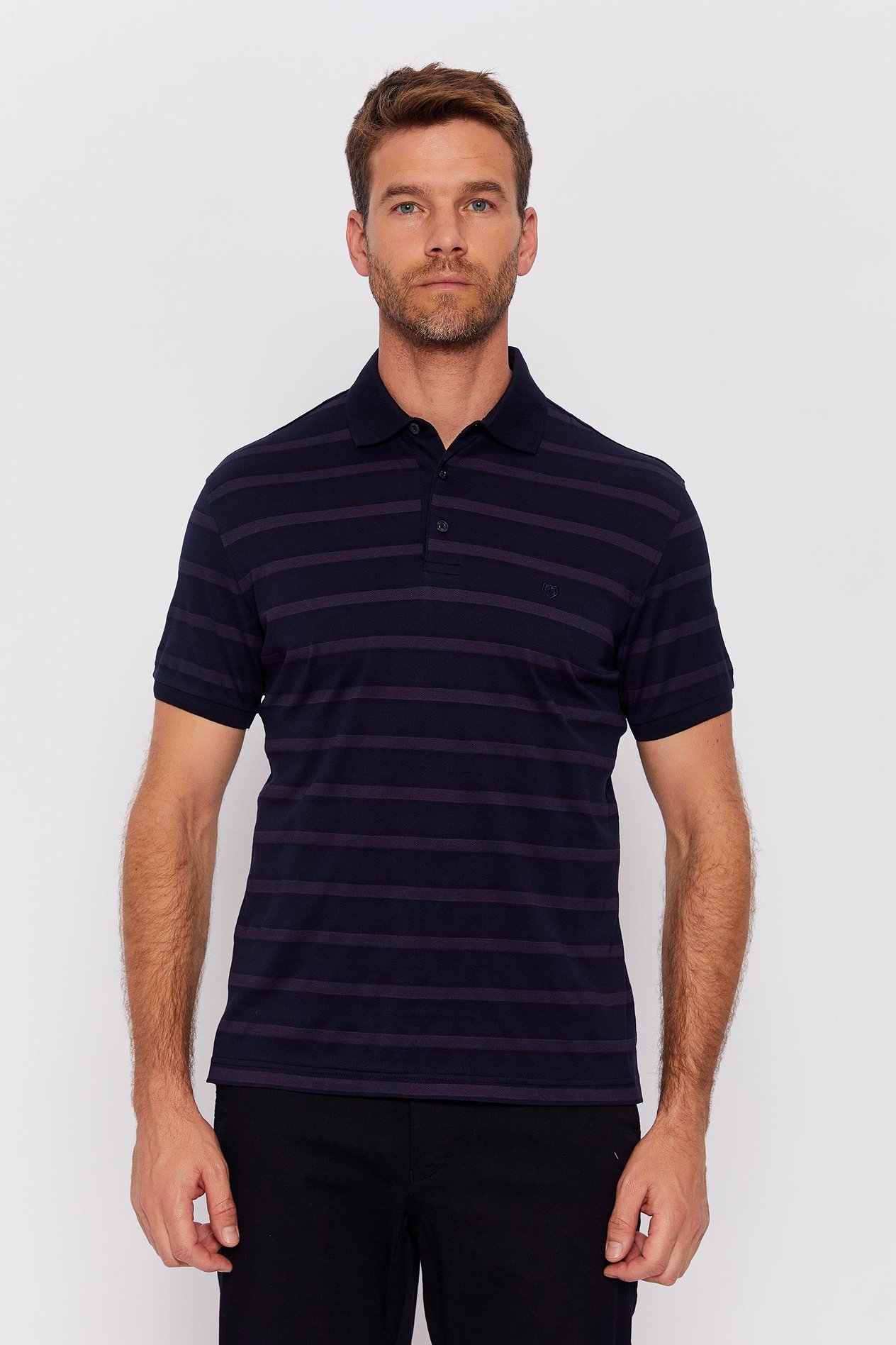 Romano Botta Lacivert-Mor Fermuarlı Polo Yaka Kısa Kol Çizgili T-shirt