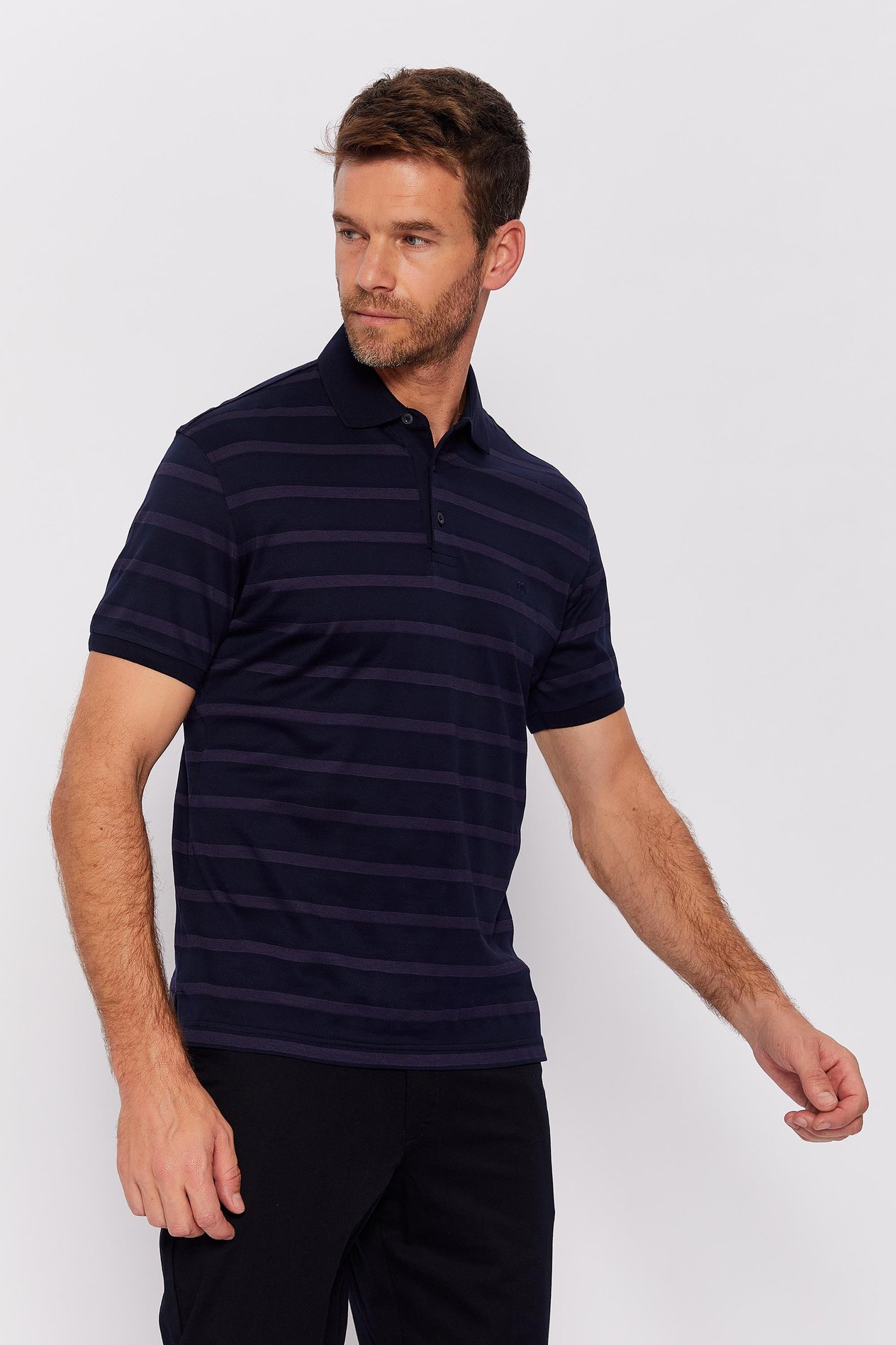 Romano Botta Lacivert-Mor Fermuarlı Polo Yaka Kısa Kol Çizgili T-shirt