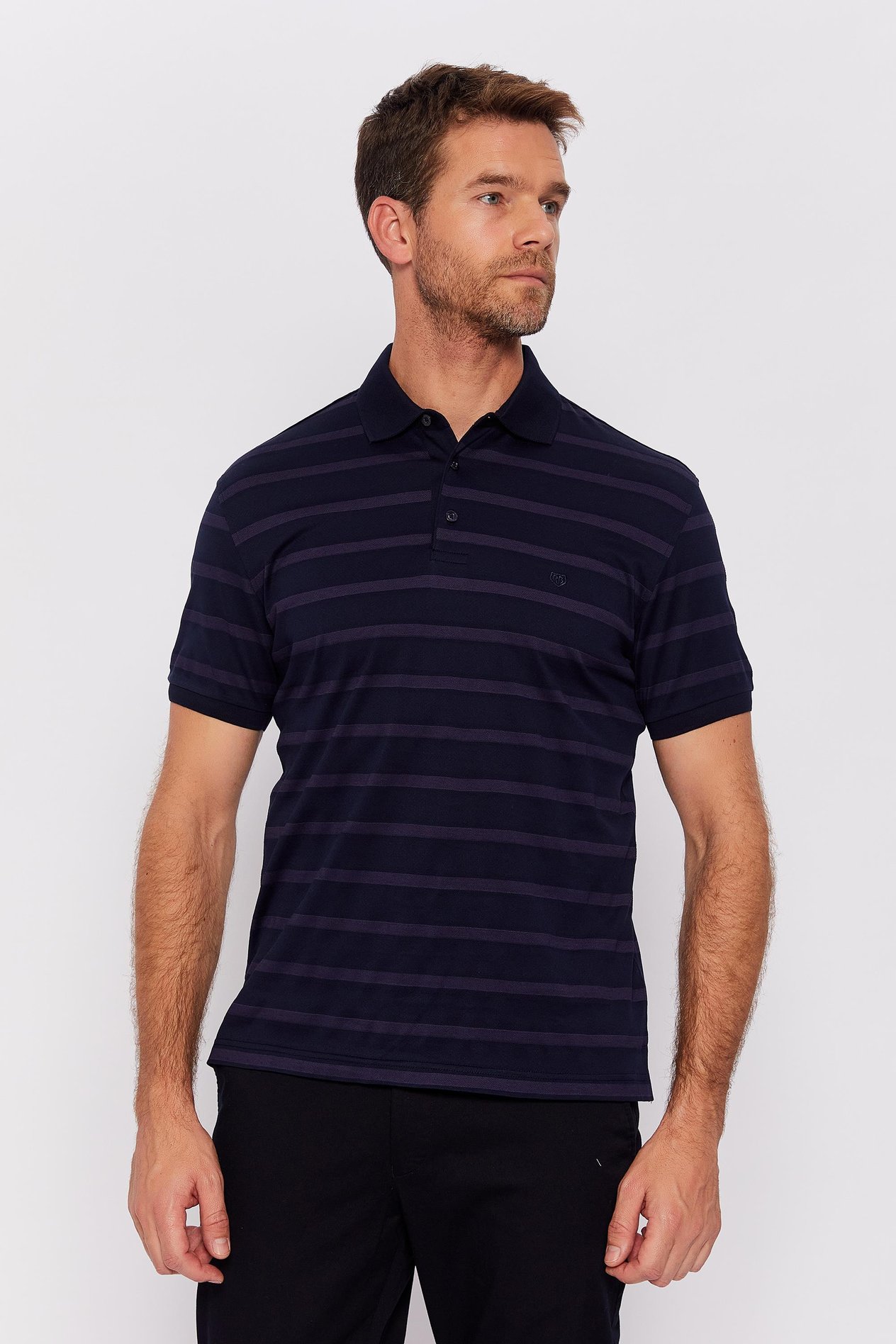 Romano Botta Lacivert-Mor Fermuarlı Polo Yaka Kısa Kol Çizgili T-shirt