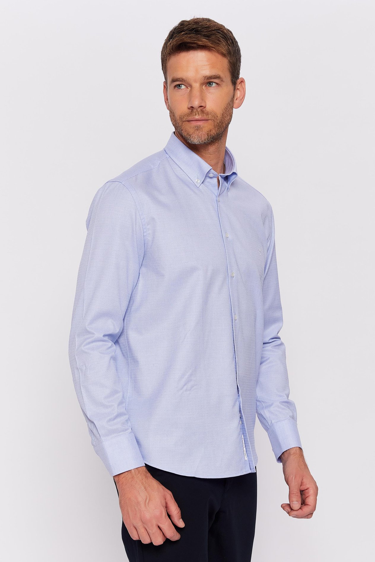 Romano Botta Mavi Desenli Slim Fit Yaka Düğmeli %100 Pamuk Gömlek