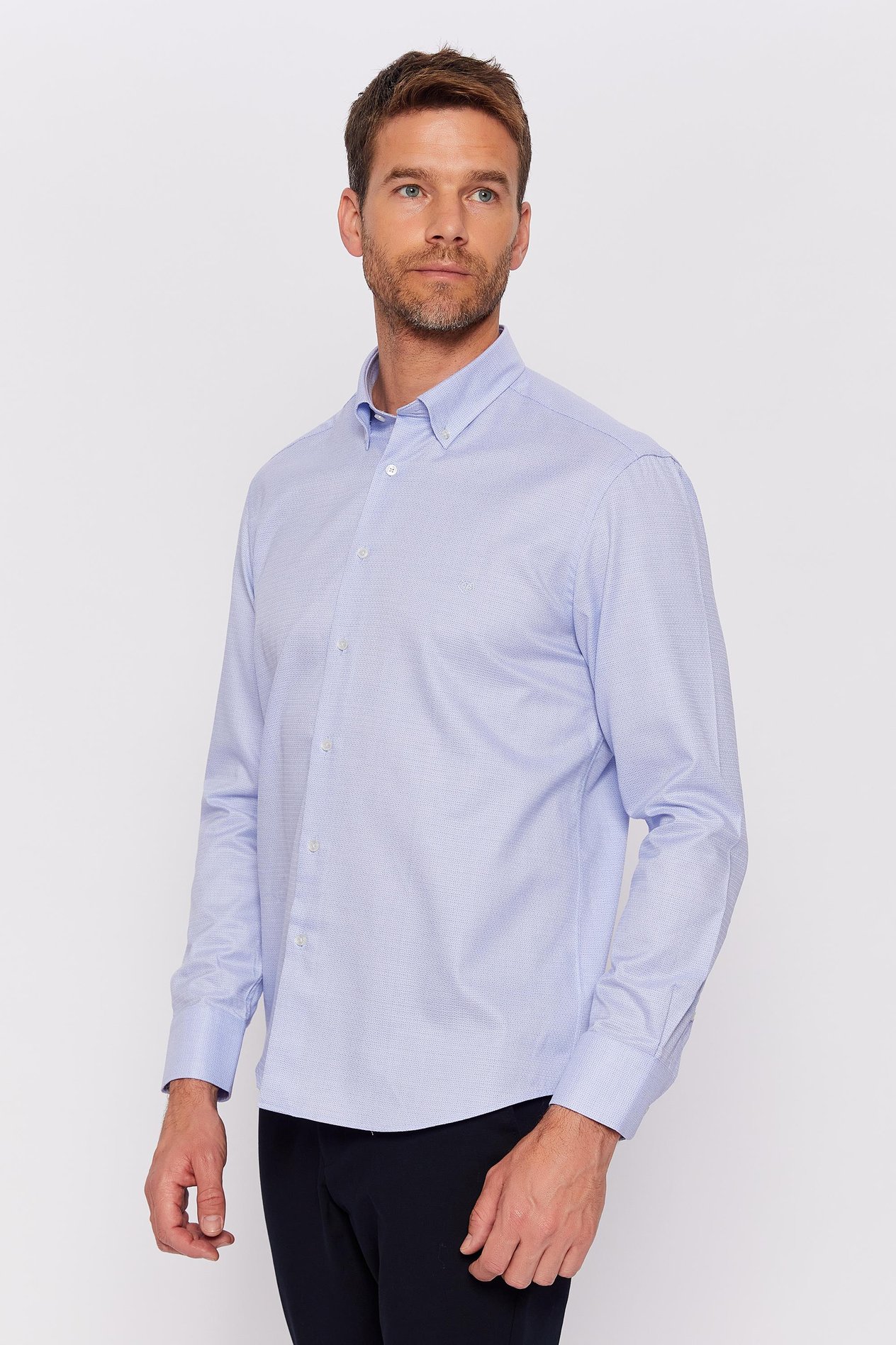 Romano Botta Mavi Desenli Slim Fit Yaka Düğmeli %100 Pamuk Gömlek