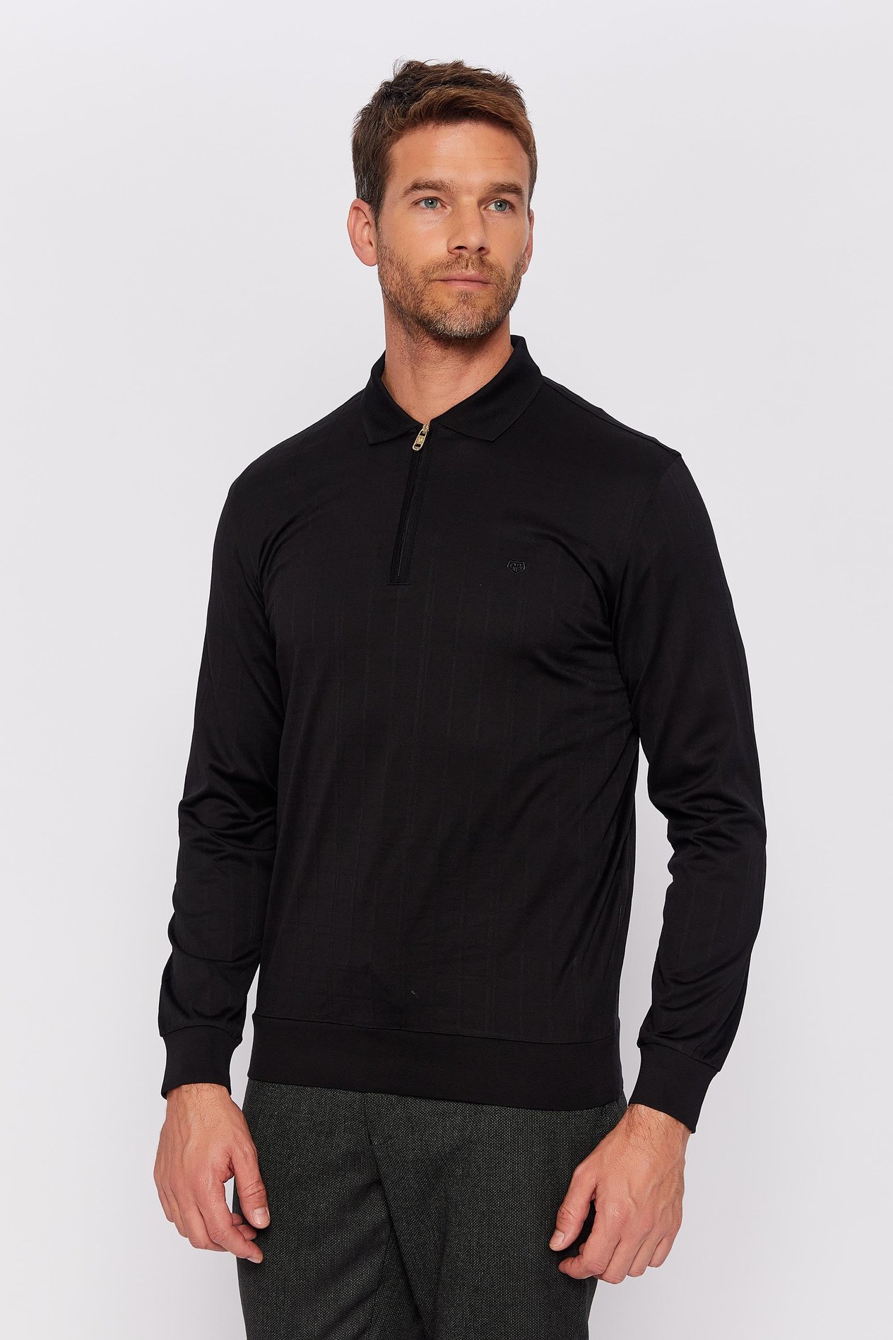 Romano Botta Siyah Fermuarlı Polo Yaka Uzun Kol Desenli T-shirt