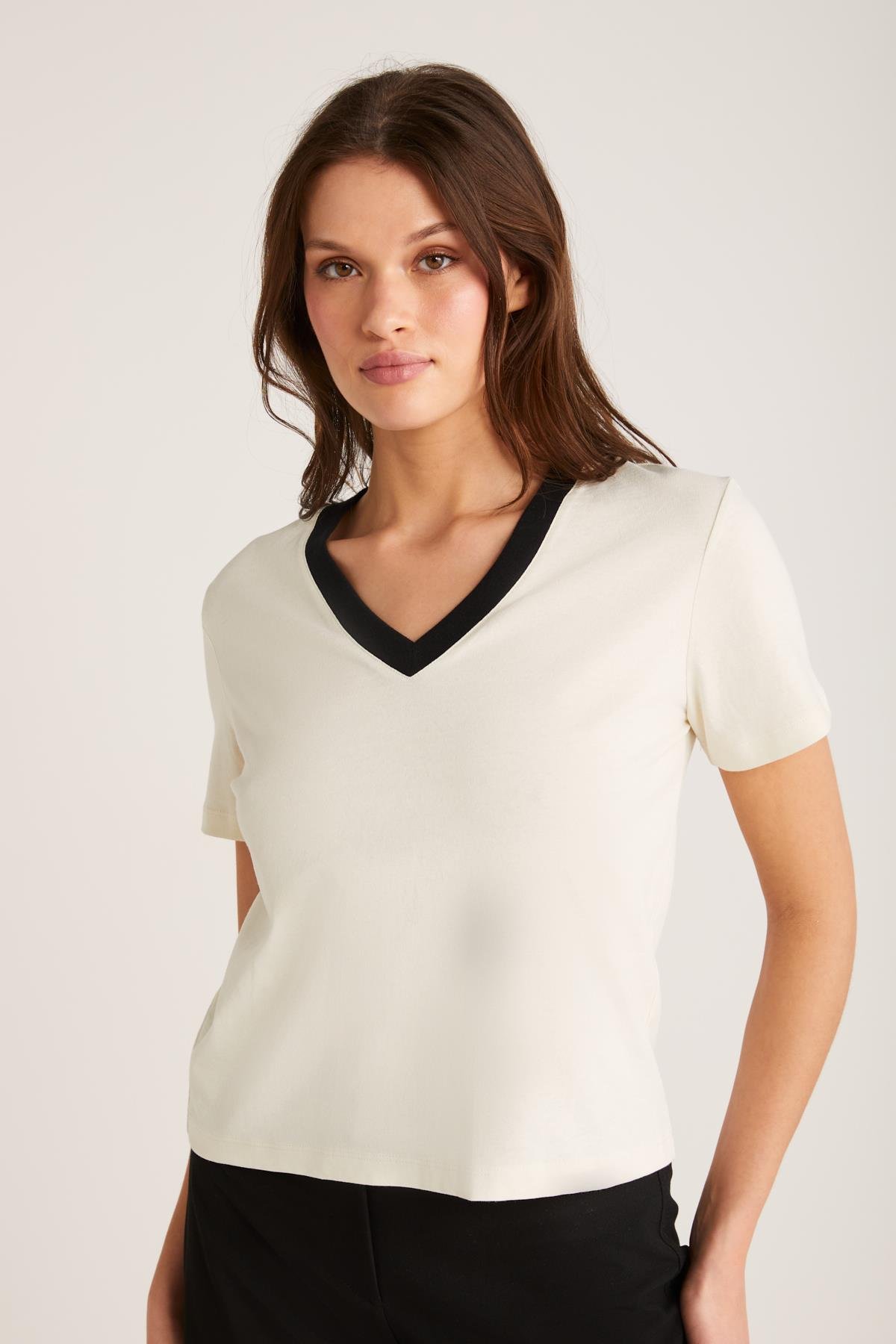 CAMILLE Örme Regular Ekru Tekli T-Shirt