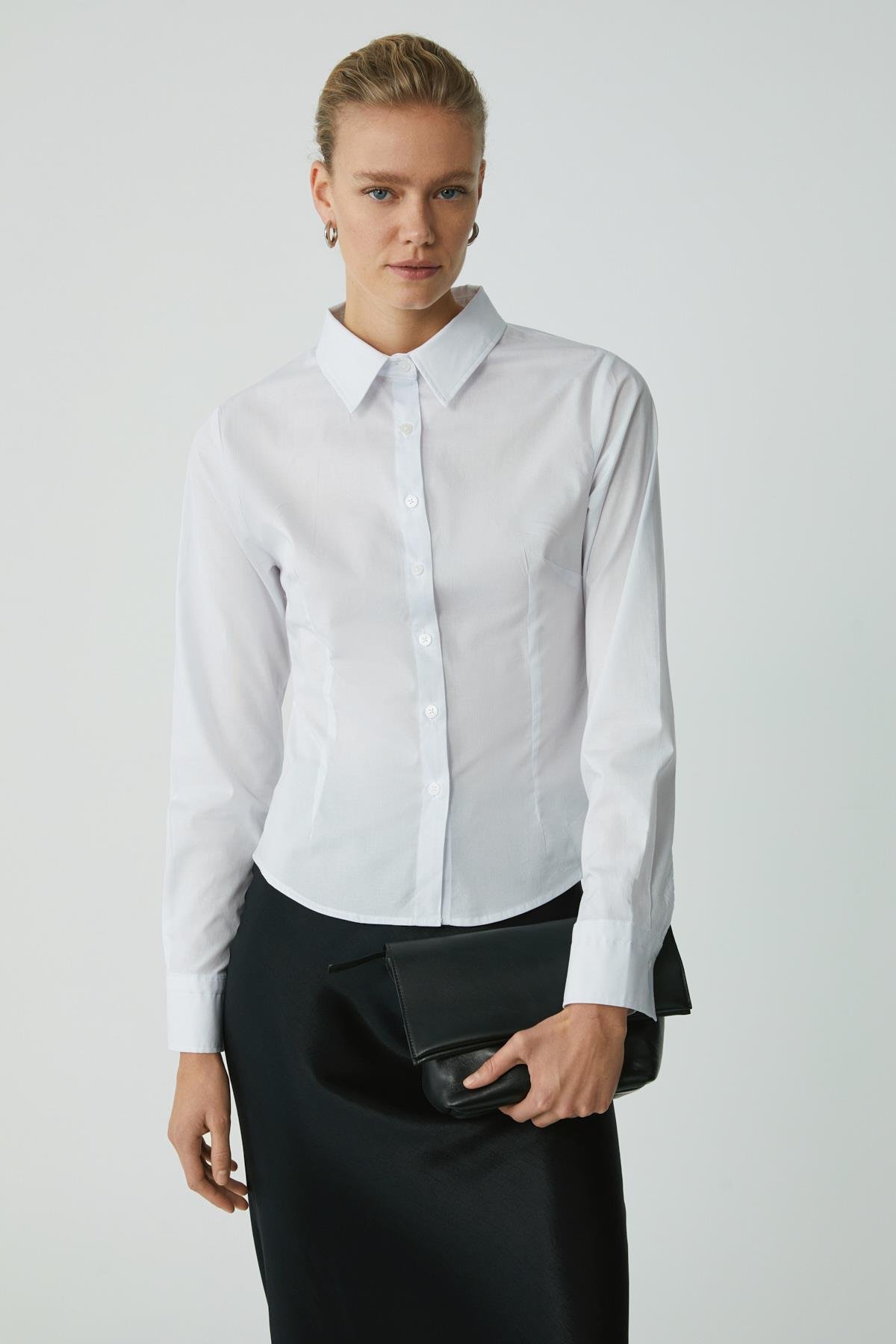 EVANGELINE Kadın Slim Fit Dar Kesim Likralı Cepsiz Uzun Kollu Poplin Beyaz Gömlek