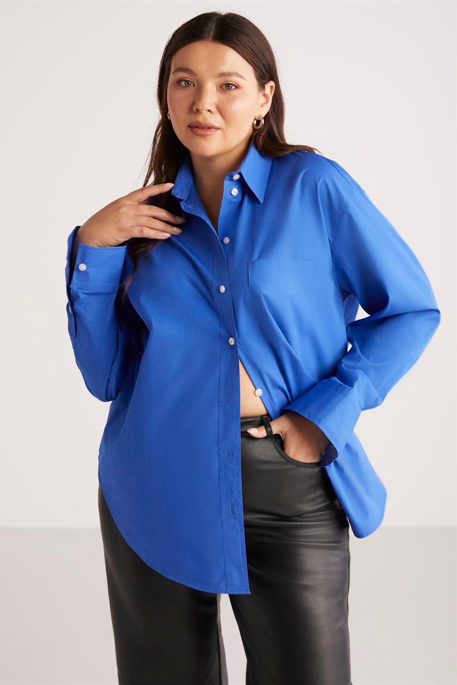 SUSAN Dokuma Oversize Mavi Tekli Gömlek
