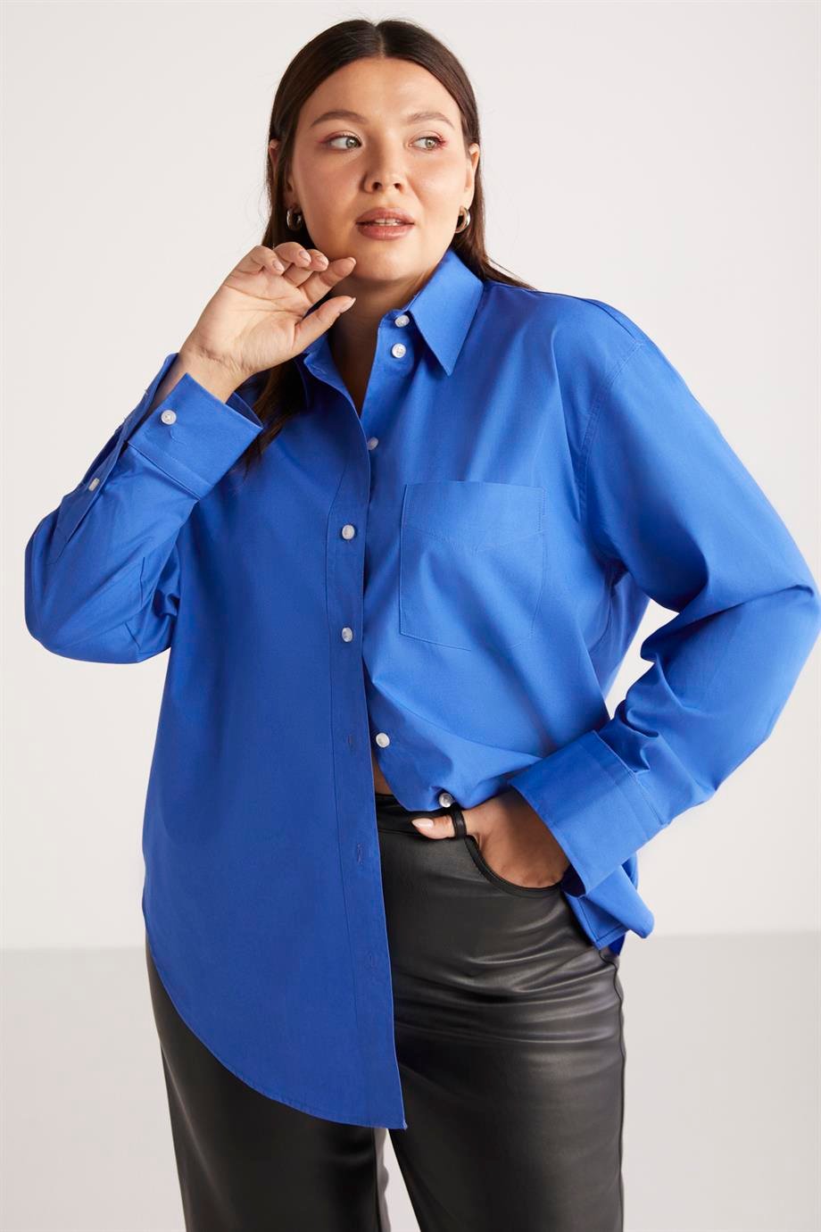 SUSAN Dokuma Oversize Mavi Tekli Gömlek