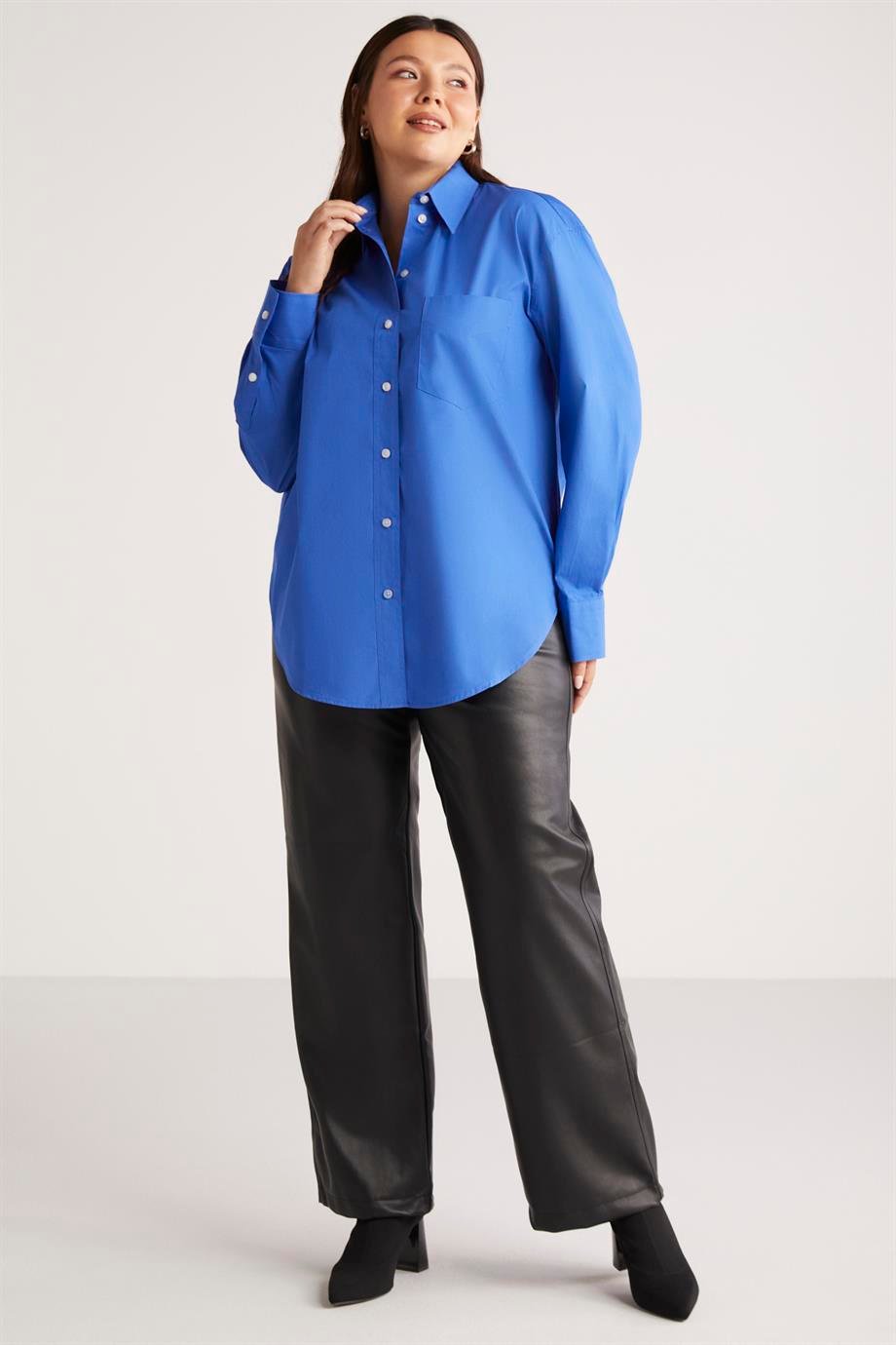 SUSAN Dokuma Oversize Mavi Tekli Gömlek