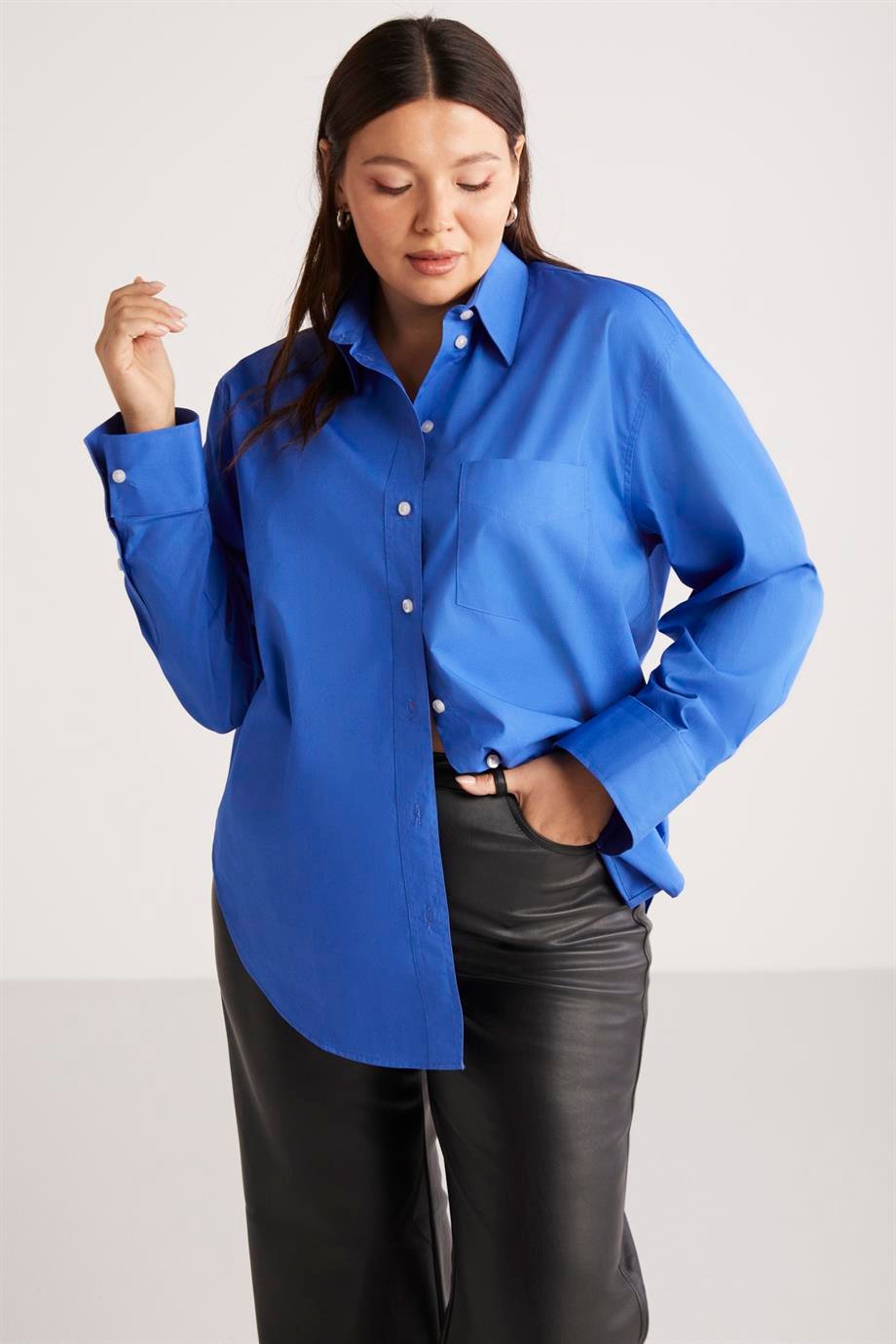 SUSAN Dokuma Oversize Mavi Tekli Gömlek
