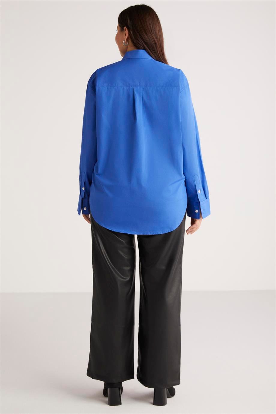 SUSAN Dokuma Oversize Mavi Tekli Gömlek