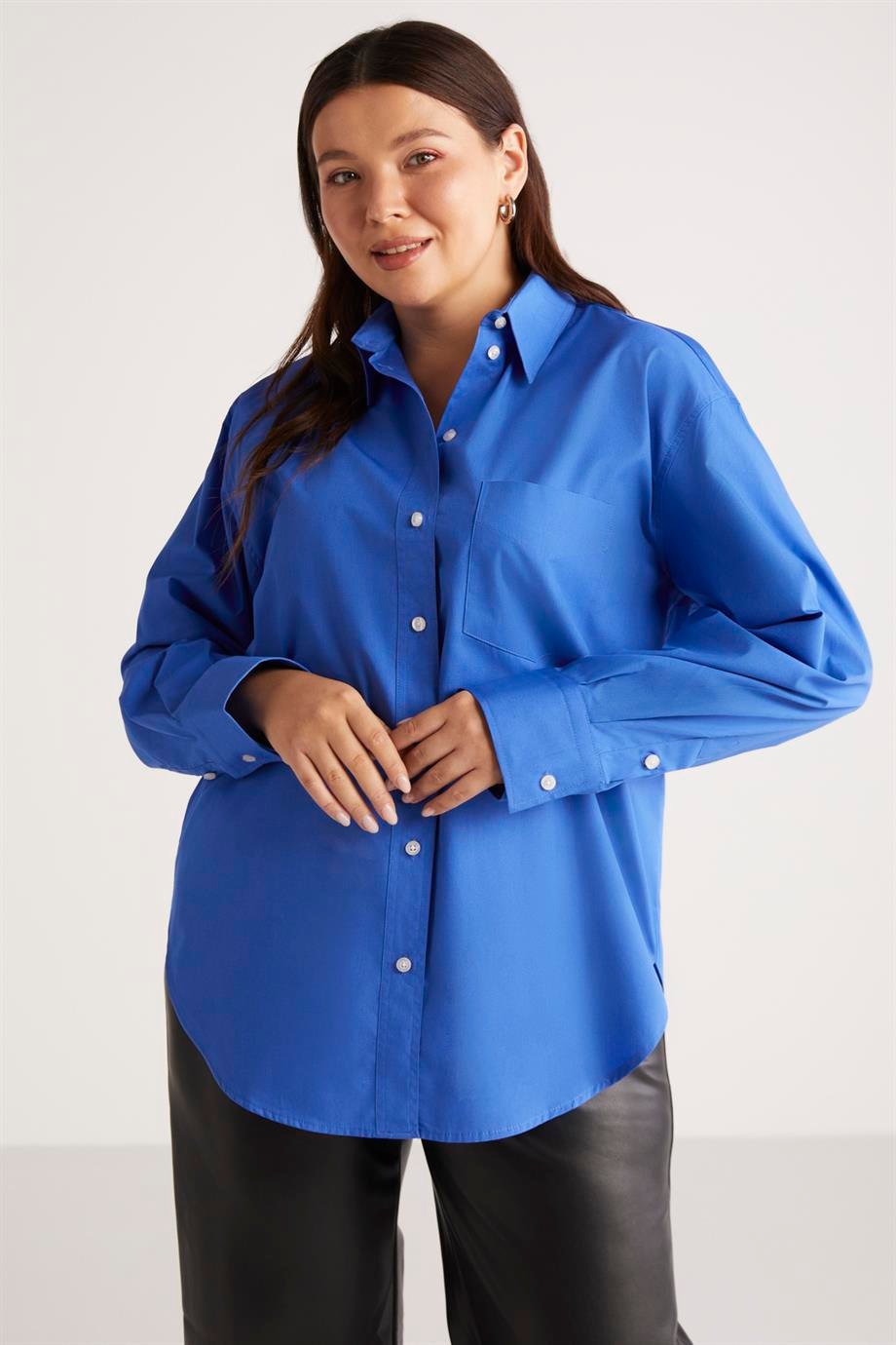 SUSAN Dokuma Oversize Mavi Tekli Gömlek
