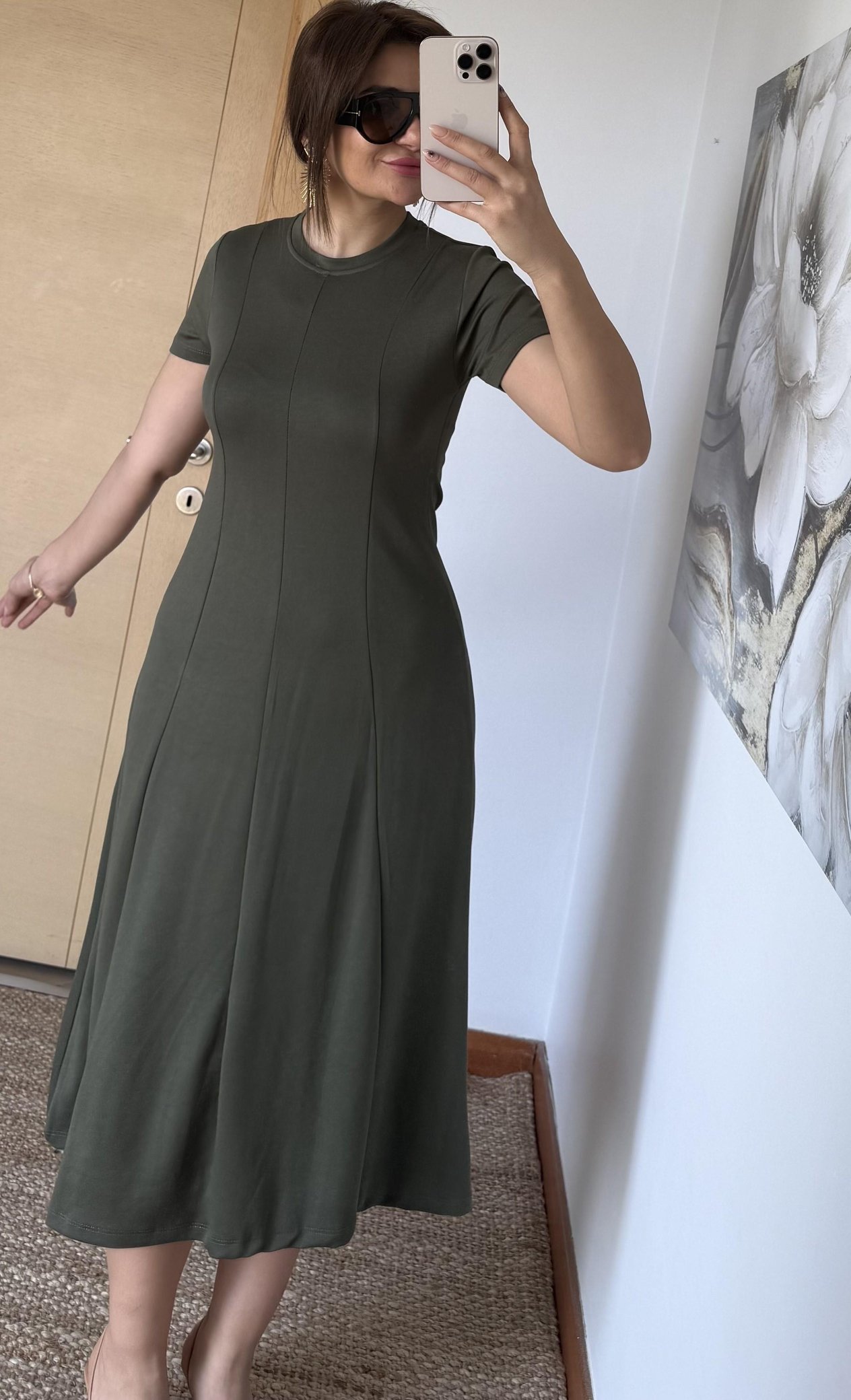  Kısa Kollu Premium %100 Pamuk Modal Kumaş Kloş Çan Midi Boy Yazlık Elbise-Haki