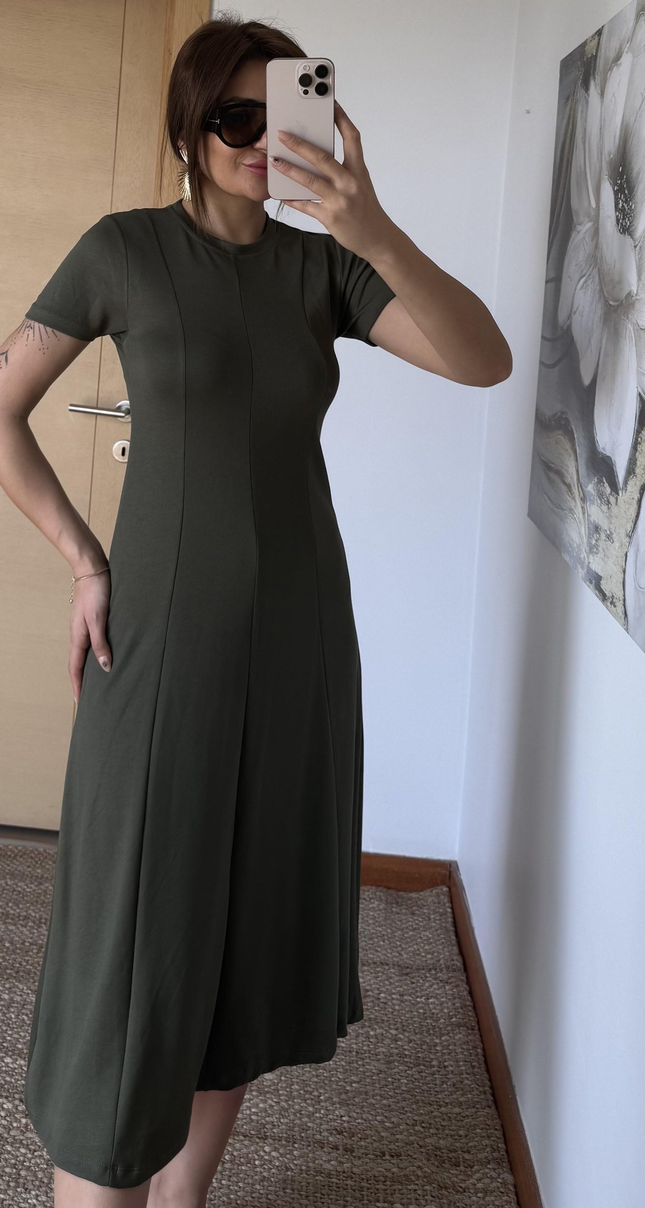  Kısa Kollu Premium %100 Pamuk Modal Kumaş Kloş Çan Midi Boy Yazlık Elbise-Haki